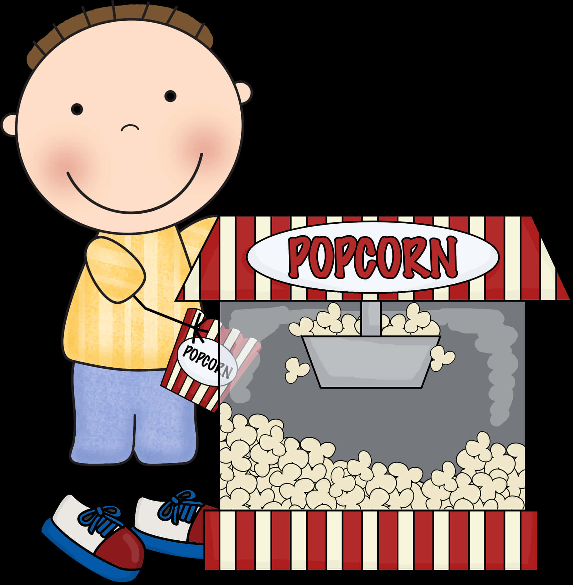 Popcorn Clipart 桌布 壁紙 — 一個穿著黃色襯衫的快樂卡通男孩，在一個裝滿蓬鬆爆米花的紅白條紋爆米花機旁邊，拿著一袋爆米花。