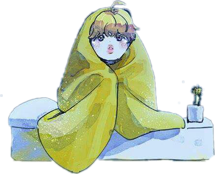 BTS 桌布 壁紙 — 一個穿著黃色連帽斗篷的小女孩蜷縮在雪地邊緣，旁邊有一盆小仙人掌，背景是星空。