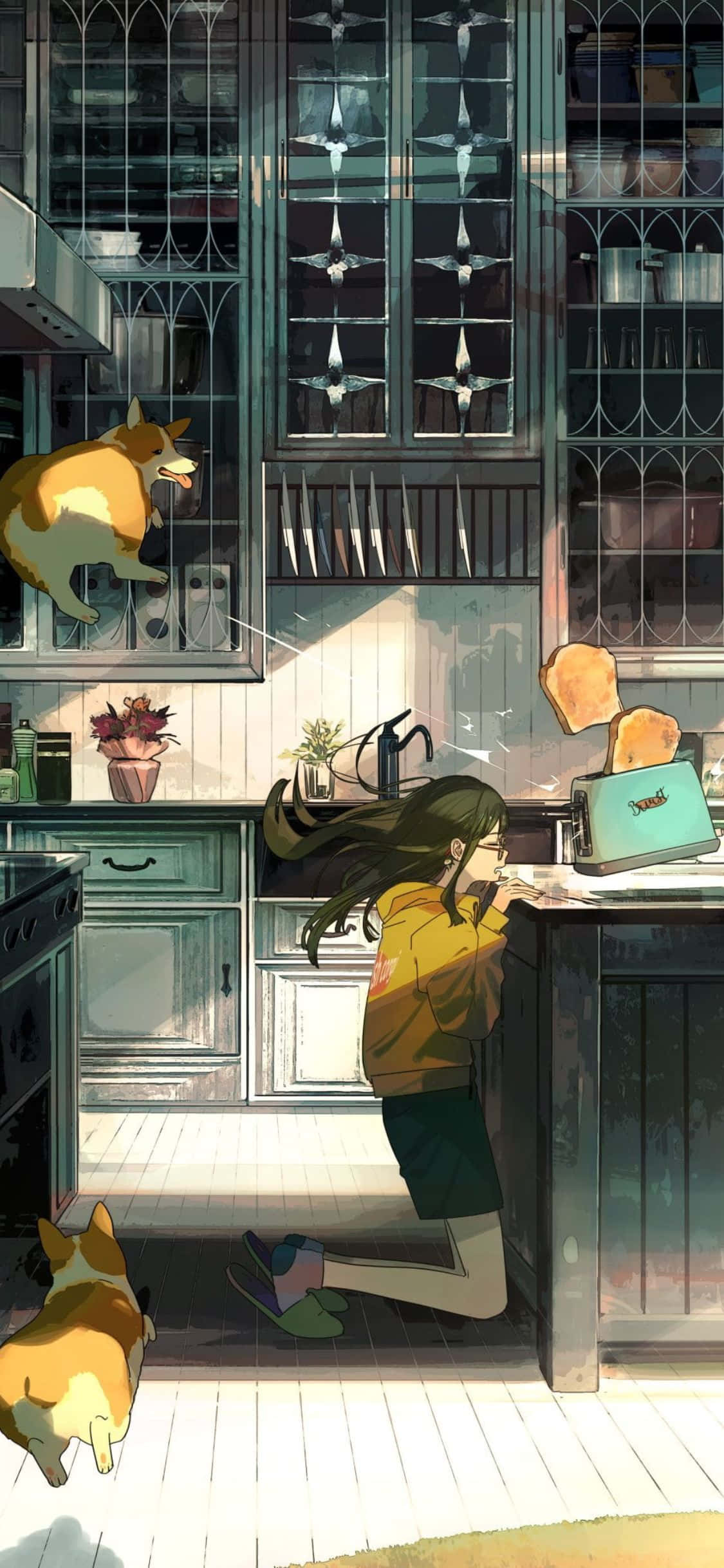 kitchen 桌布 壁紙 — 一個穿著黃色連帽衫的女孩跪在廚房櫃檯前，一隻柯基犬跳上櫥櫃，另一隻柯基犬走過。