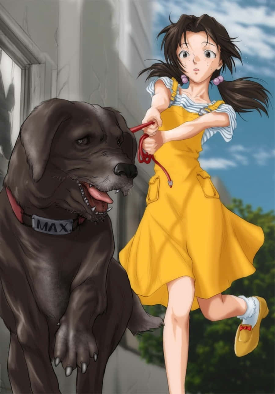 Hikari Horaki 桌布 壁紙 — 一個穿著黃色連衣裙的小女孩，用紅色牽繩拉著一隻大黑狗，在明亮的藍天下奔跑。