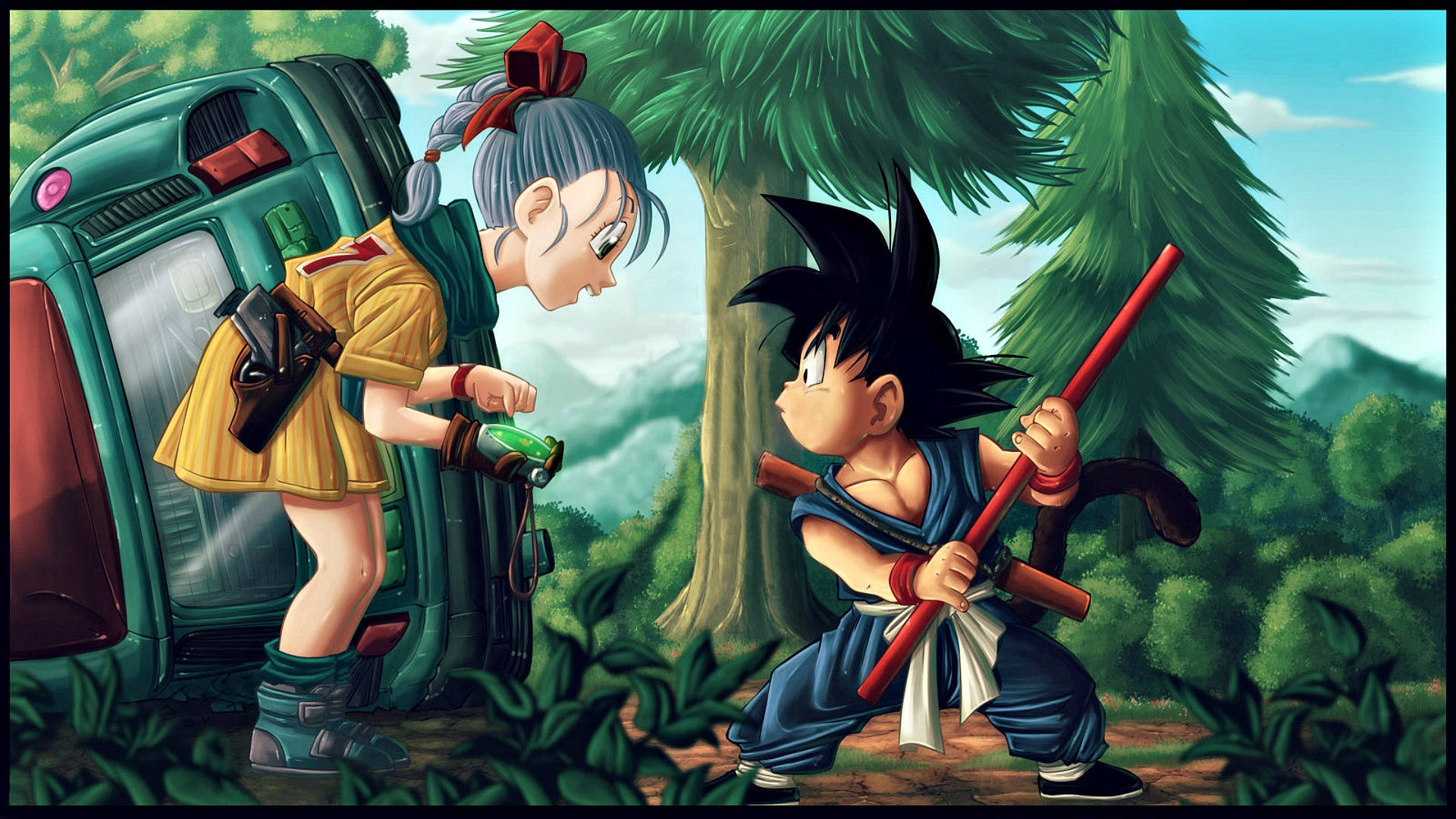 Awesome Goku 桌布 壁紙 — 一個穿著黃色連衣裙的年輕動漫女孩從青綠色的太空船中探出身子，而一個黑色刺蝟頭的男孩在森林裡拿著一根紅色法杖。