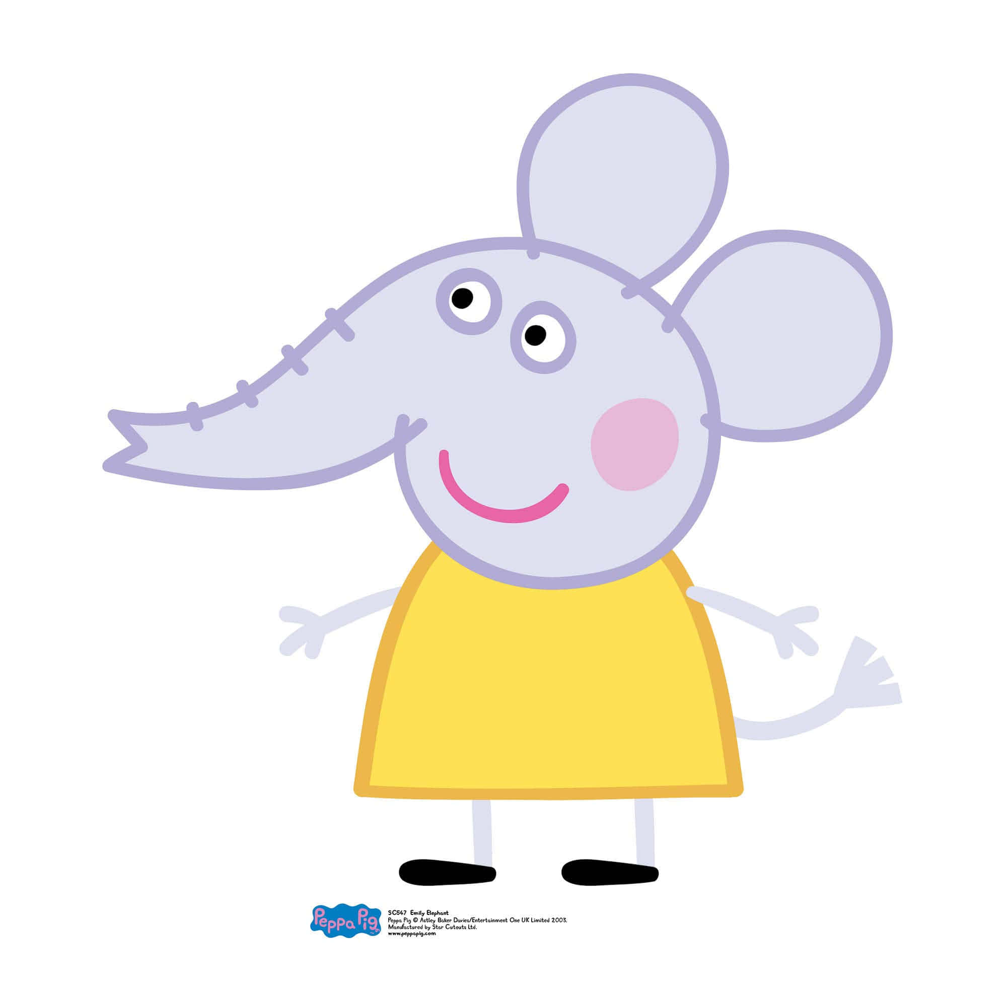 Emily Elephant 桌布 壁紙 — 一個穿著黃色連衣裙的快樂卡通大象女孩，縫合的鼻子和粉紅色的臉頰微笑。