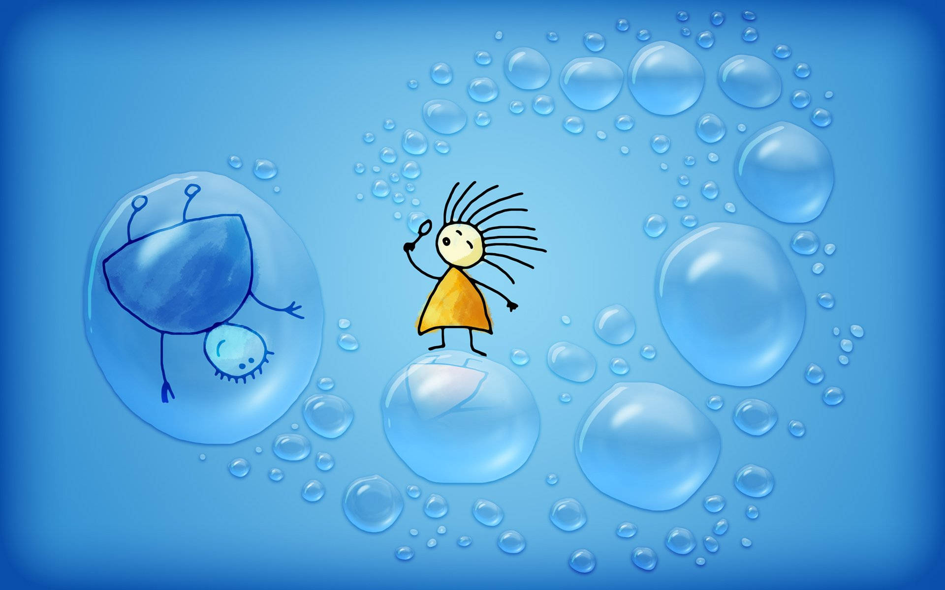 Bubbles 桌布 壁紙 — 一個穿著黃色連衣裙的開心火柴人站在一個泡泡上，周圍漂浮著泡泡，其中一個泡泡內有一個藍色機器人。