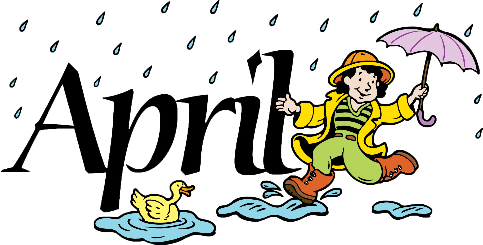 四月 桌布 壁紙 — 一個穿著黃色雨衣和帽子的快樂卡通小孩在積水坑中跳舞，手持紫色雨傘，雨滴落在「April」這個詞周圍，附近有一隻黃色鴨子。