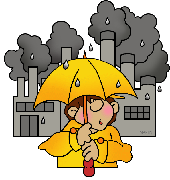 Raining 桌布 壁紙 — 一個穿著黃色雨衣的卡通小孩拿著一把黃色雨傘，背後工廠煙囪冒出灰色濃煙。