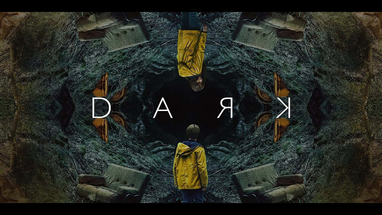 Dark Netflix 桌布 壁紙 — 一個穿著黃色雨衣的孩子站在一個被鏡面家具和「DARK」字樣包圍的黑暗深淵前。