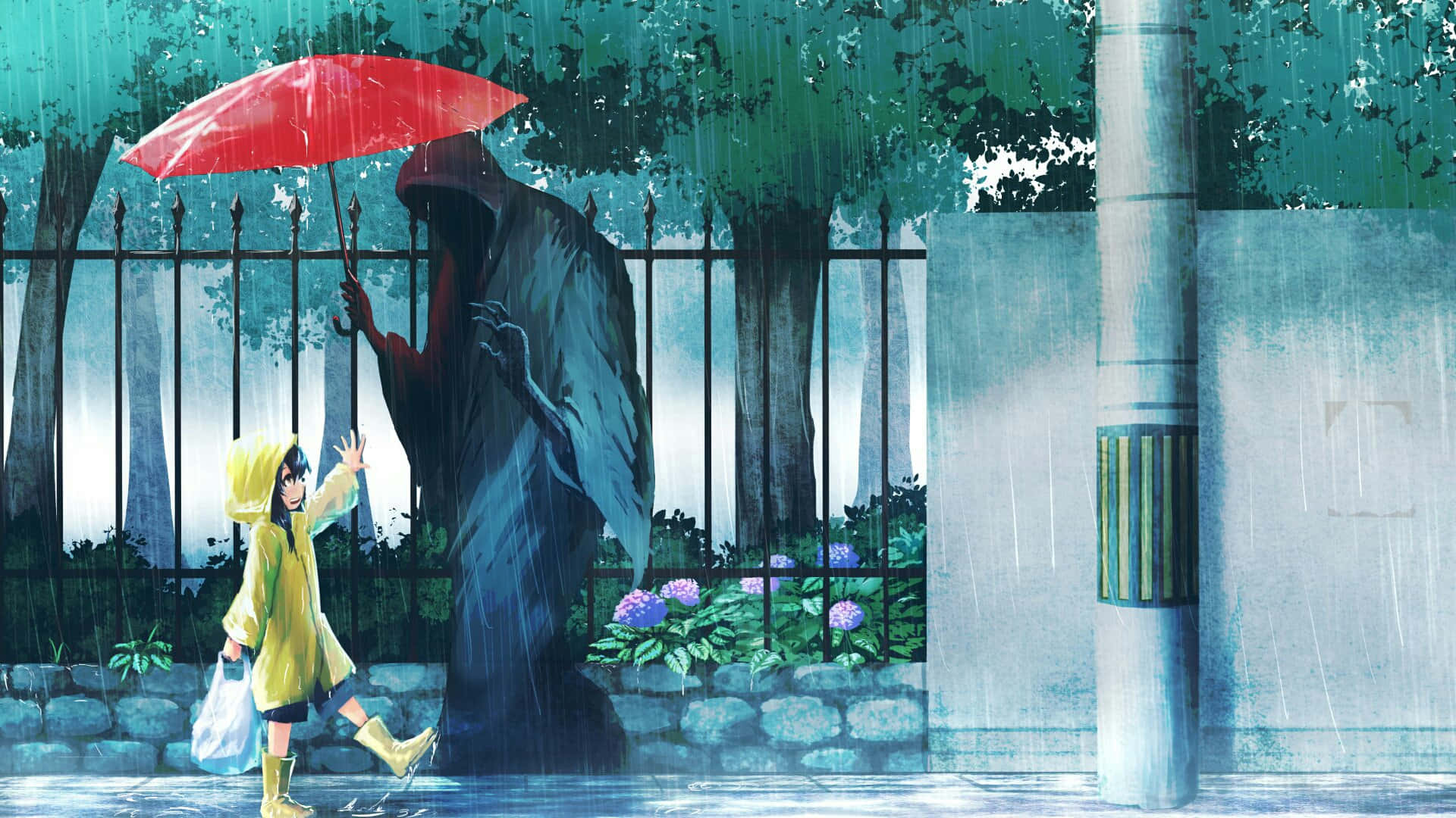 下雨 桌布 壁紙 — 一個穿著黃色雨衣的小孩在雨中城市小巷裡伸手觸摸一個神秘披風人物，該人物手持紅色雨傘。