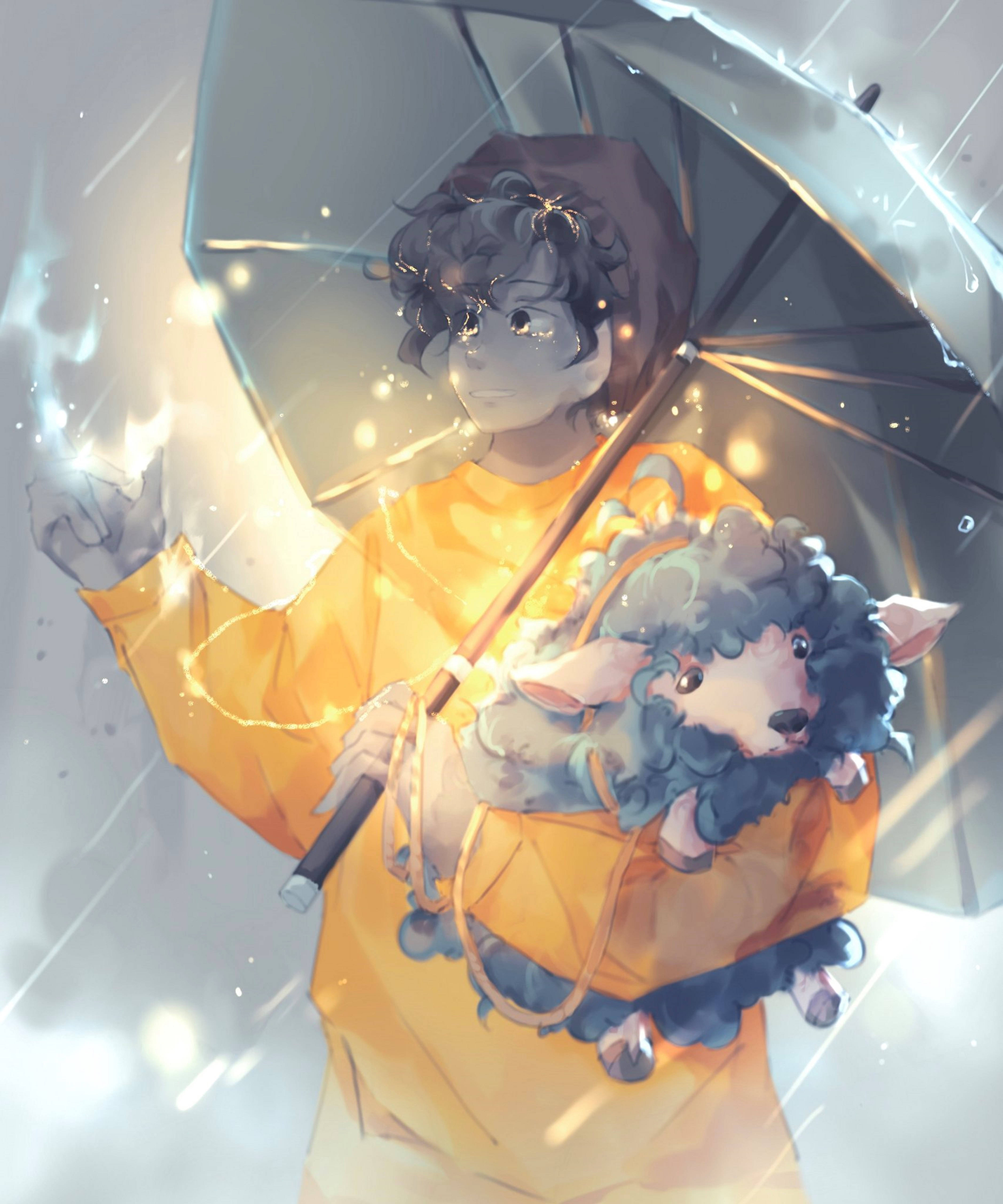 Smp 桌布 壁紙 — 一個穿著黃色雨衣的年輕人，在落雨和閃爍燈光中，拿著一把發光的雨傘和一隻毛茸茸的藍色羊。