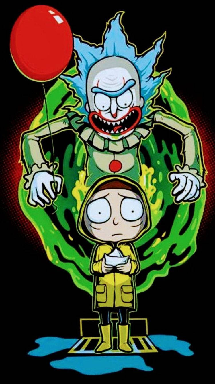 rick 桌布 壁紙 — 一個穿著黃色雨衣的驚恐孩子站在一個有藍色頭髮和紅色氣球的威脅性小丑面前，背景為黑色。