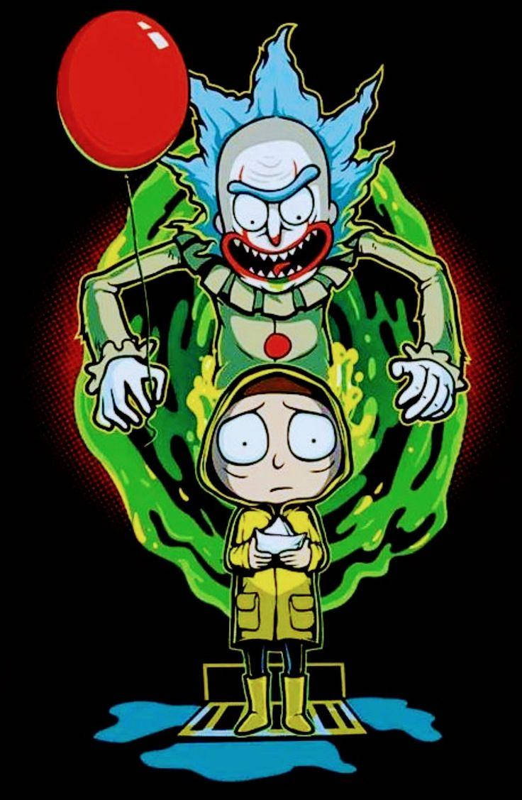 rick 桌布 壁紙 — 一個穿著黃色雨衣的驚恐孩子站在一個藍色頭髮、手持紅色氣球的威脅性小丑面前，背景為黑色。