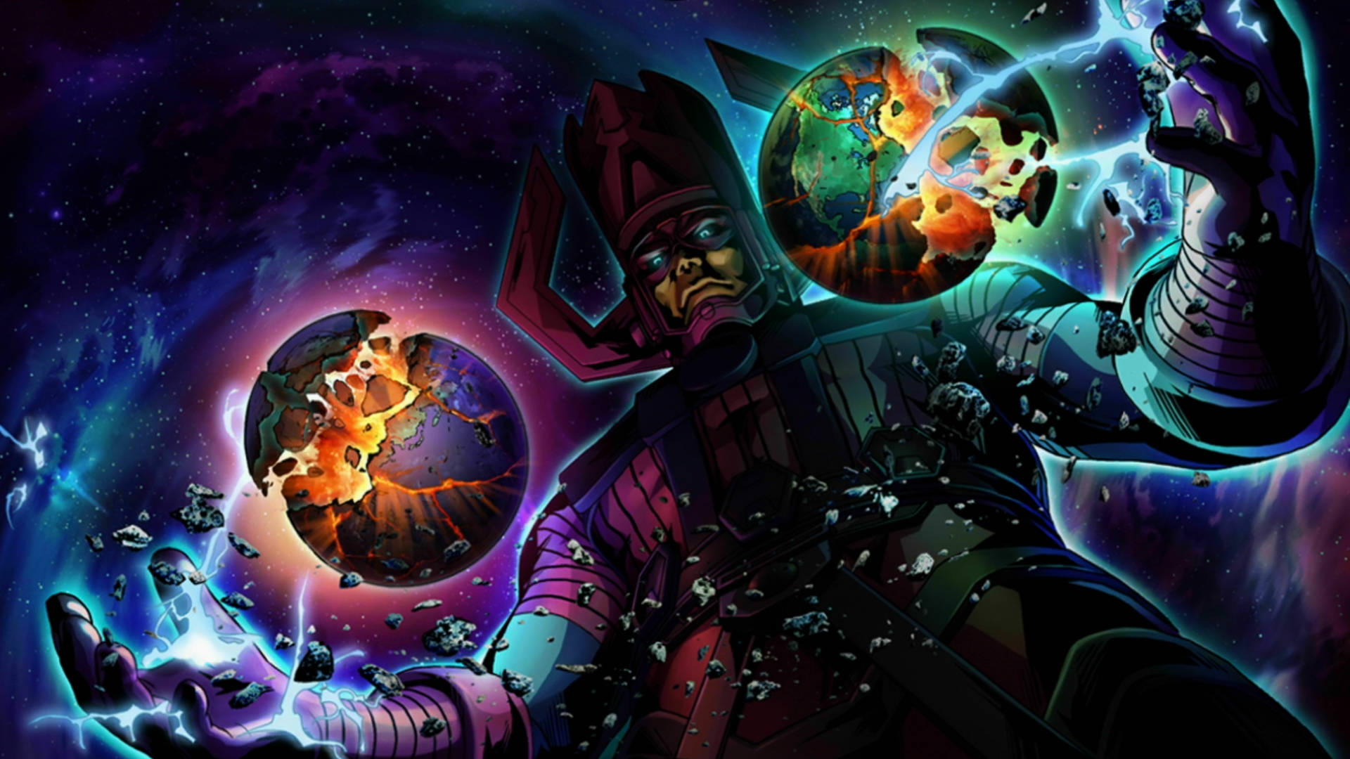 Capcom 桌布 壁紙 — 一個穿著黑暗盔甲的宇宙反派，在充滿活力的星雲背景下，用發光的能量操控破碎的行星。