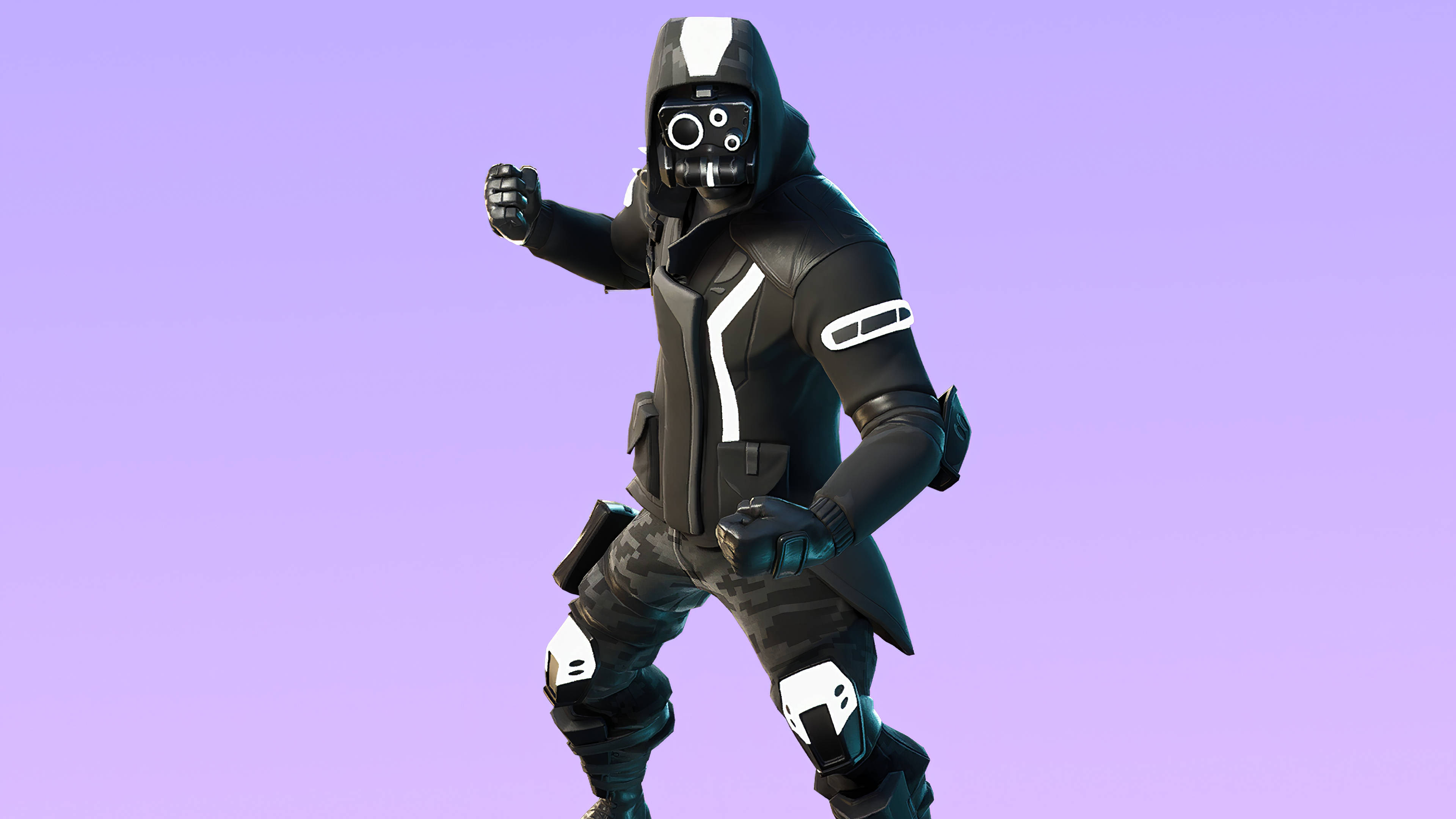 Fortnite Skins 桌布 壁紙 — 一個穿著黑白戰術裝備的 Fortnite 角色在柔和的紫色漸變背景前擺出動態姿勢。
