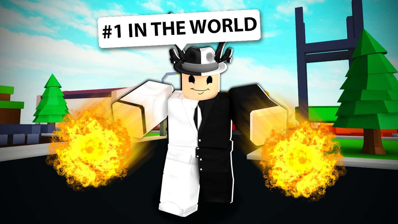Roblox 桌布 壁紙 — 一個穿著黑白西裝的 Roblox 角色，兩側有火焰爆炸，自豪地站在寫著「#1 IN THE WORLD」的橫幅下。