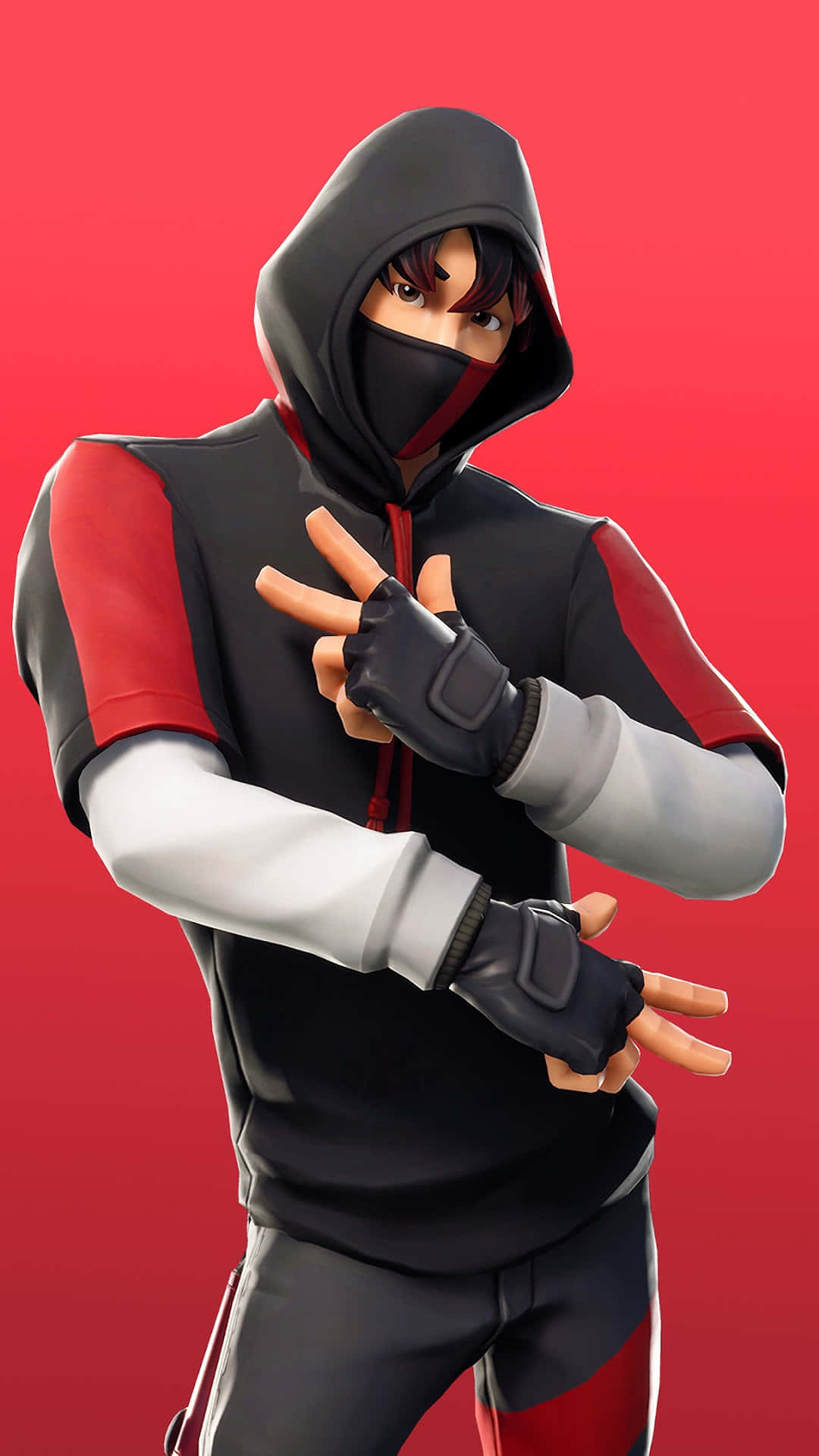 Fortnite Ikonik Skin 桌布 壁紙 — 一個穿著黑紅白連帽衫的Fortnite角色在純紅色背景前比出和平手勢。