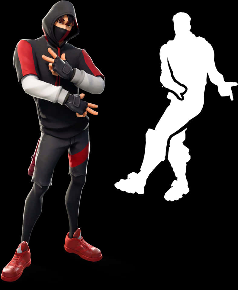 Fortnite Character 桌布 壁紙 — 一個穿著黑色、紅色和灰色連帽衫的Fortnite角色，旁邊有相同姿勢的白色剪影。