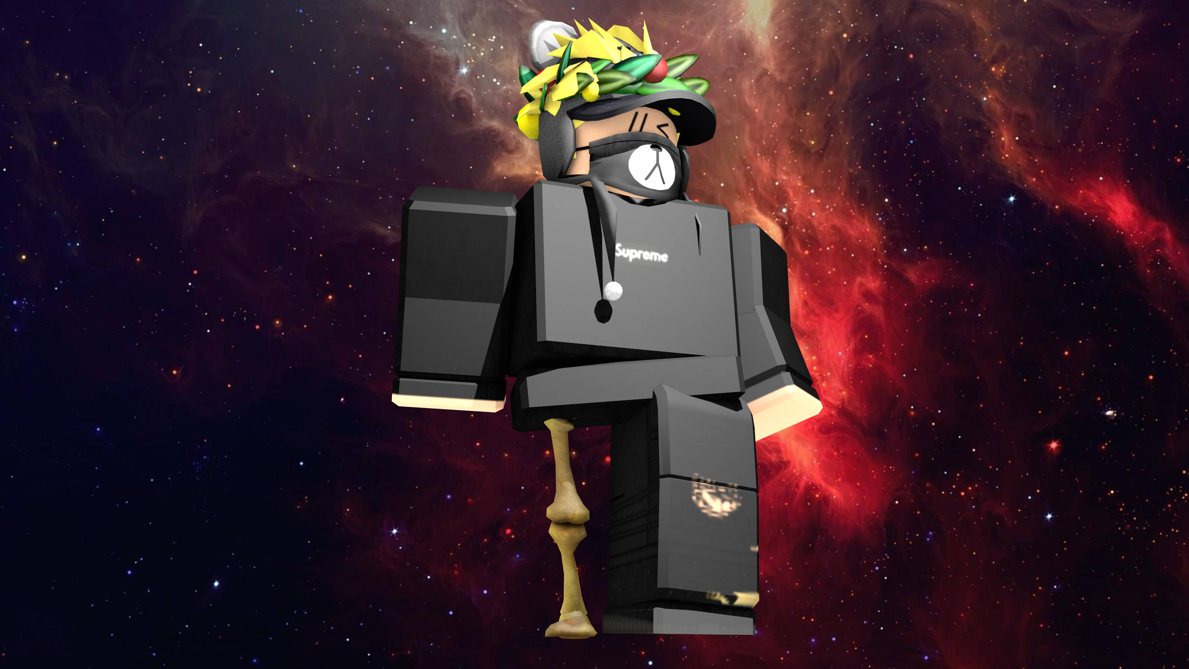 Roblox 桌布 壁紙 — 一個穿著黑色Supreme服裝和葉子帽的Roblox角色站在充滿活力的紅色和紫色宇宙星雲背景前。