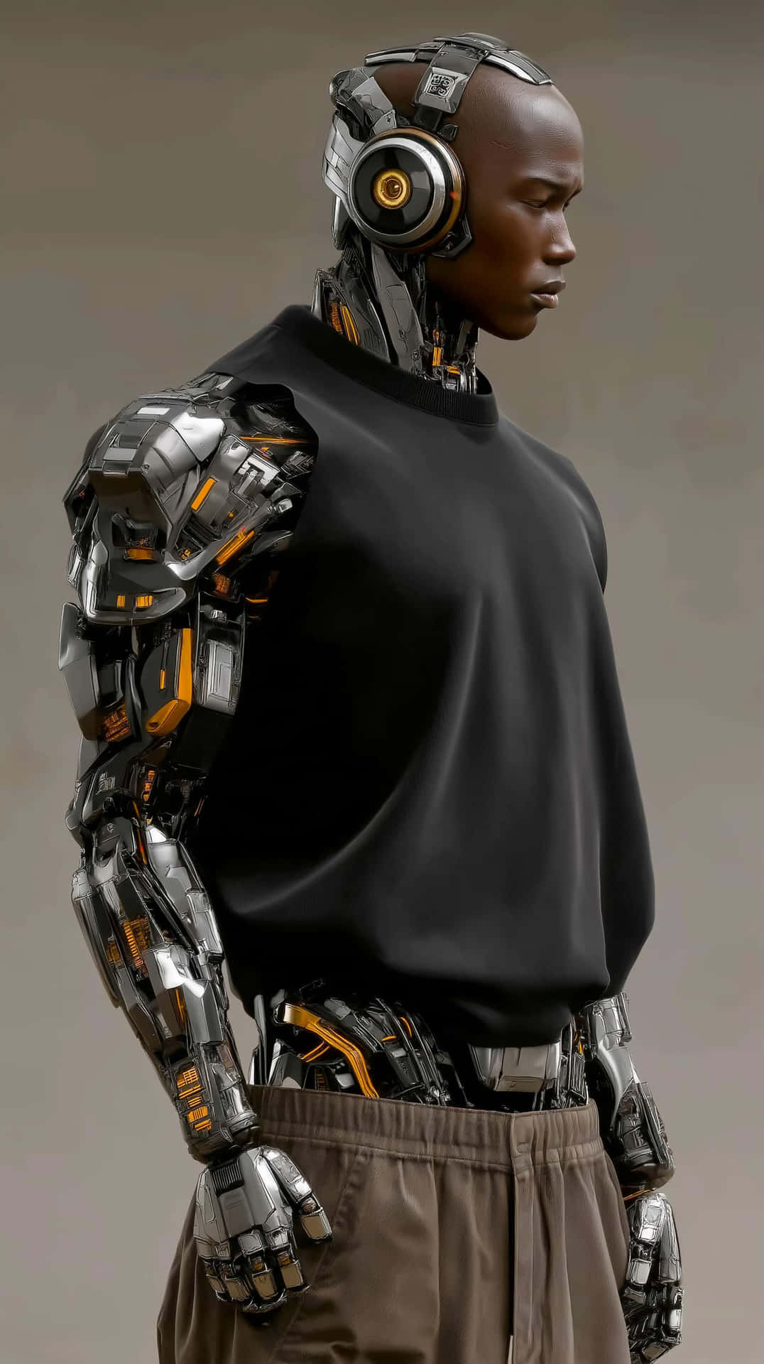 Cybernetic Humanoid 壁紙 — 一個穿著黑色T恤和棕色褲子的人形機器人，側面戴著帶有發光橙色 accents 的大型耳機。