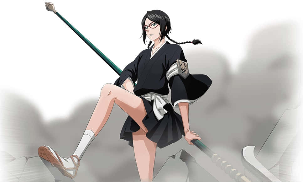 Lisa Yadomaru 桌布 壁紙 — 一個穿著黑色制服的動漫女孩，在霧氣濛濛的灰色雲層中棲息在破碎的石頭上，手持一把長劍。