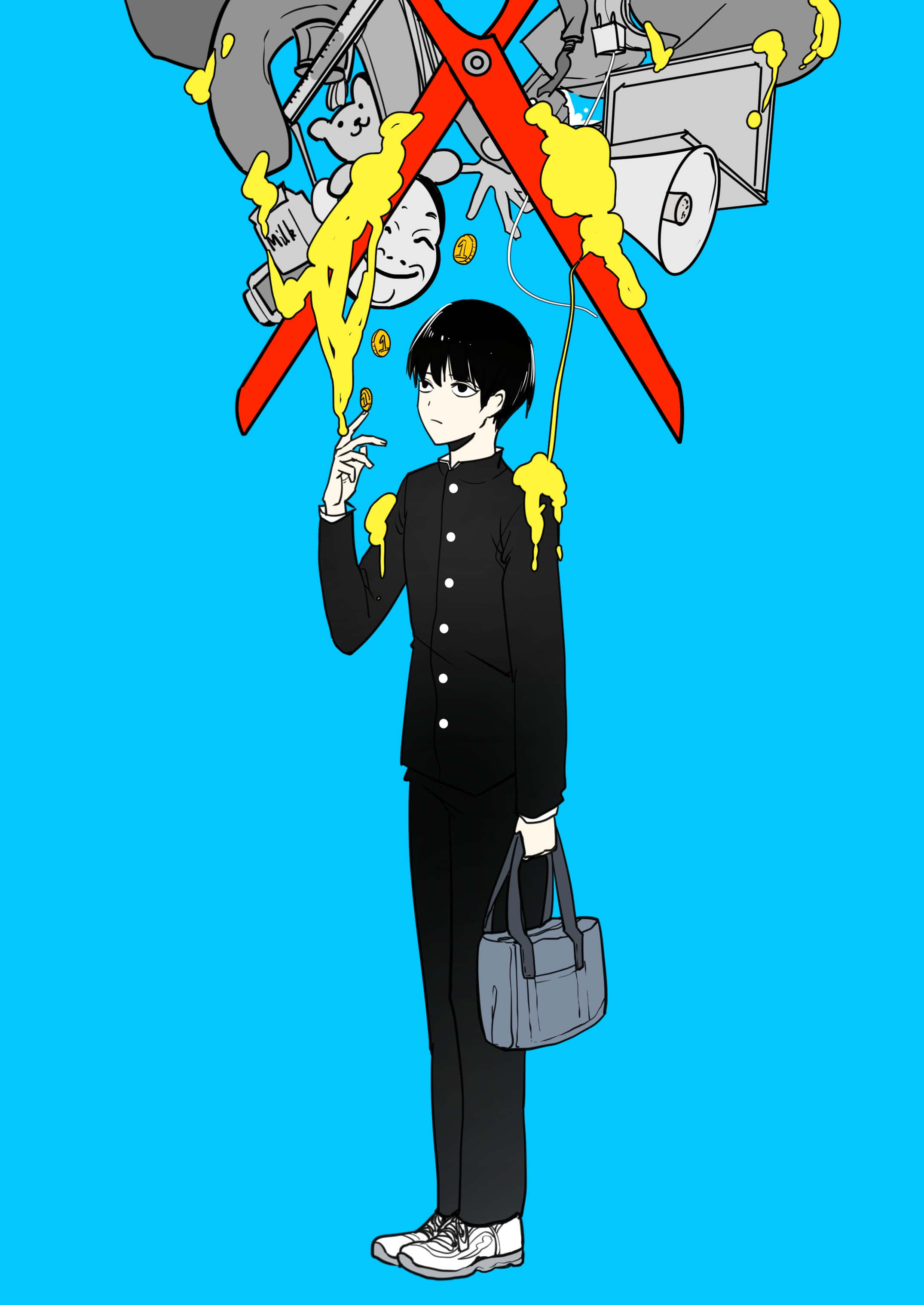 動漫 桌布 壁紙 — 一個穿著黑色制服的年輕動畫男孩平靜地站著，在明亮的藍色背景上，黃色黏液從他上方混亂的機器堆中滴落。