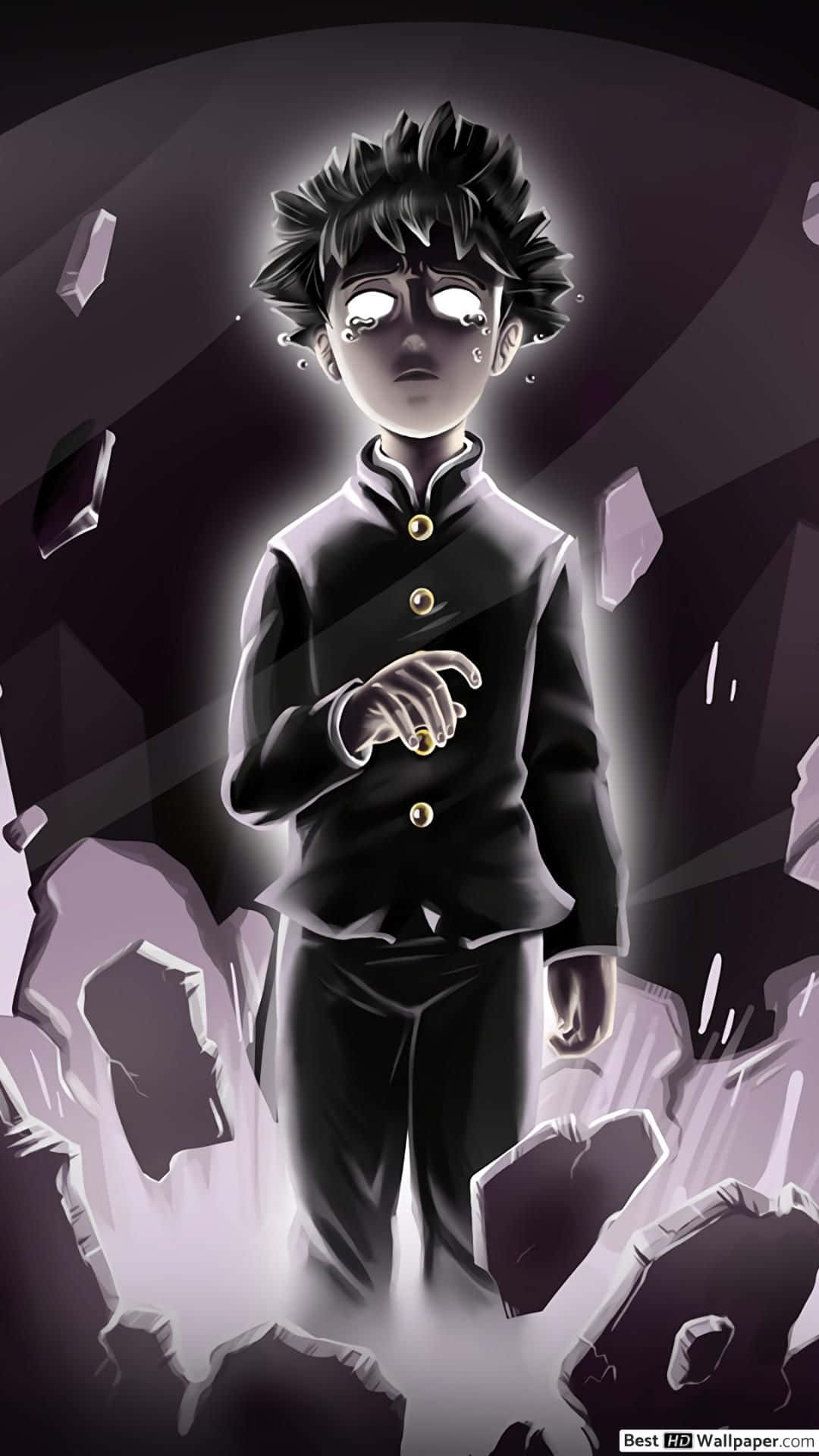 Mob Psycho iPhone 桌布 壁紙 — 一個穿著黑色制服的年輕動畫男孩站在漂浮的破碎水晶之中，在暗紫色光芒之下。