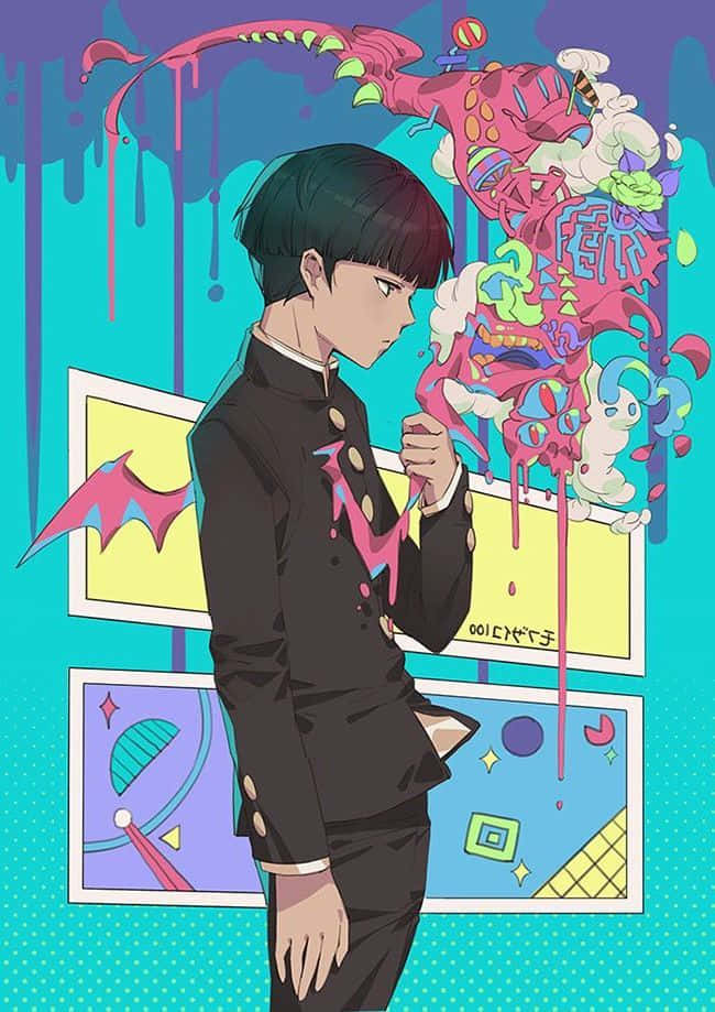 動漫 桌布 壁紙 — 一個穿著黑色制服的年輕動畫男孩站在一個充滿活力的塗鴉牆前面，牆上有滴落的粉紅色和紫色油漆濺點和卡通生物。