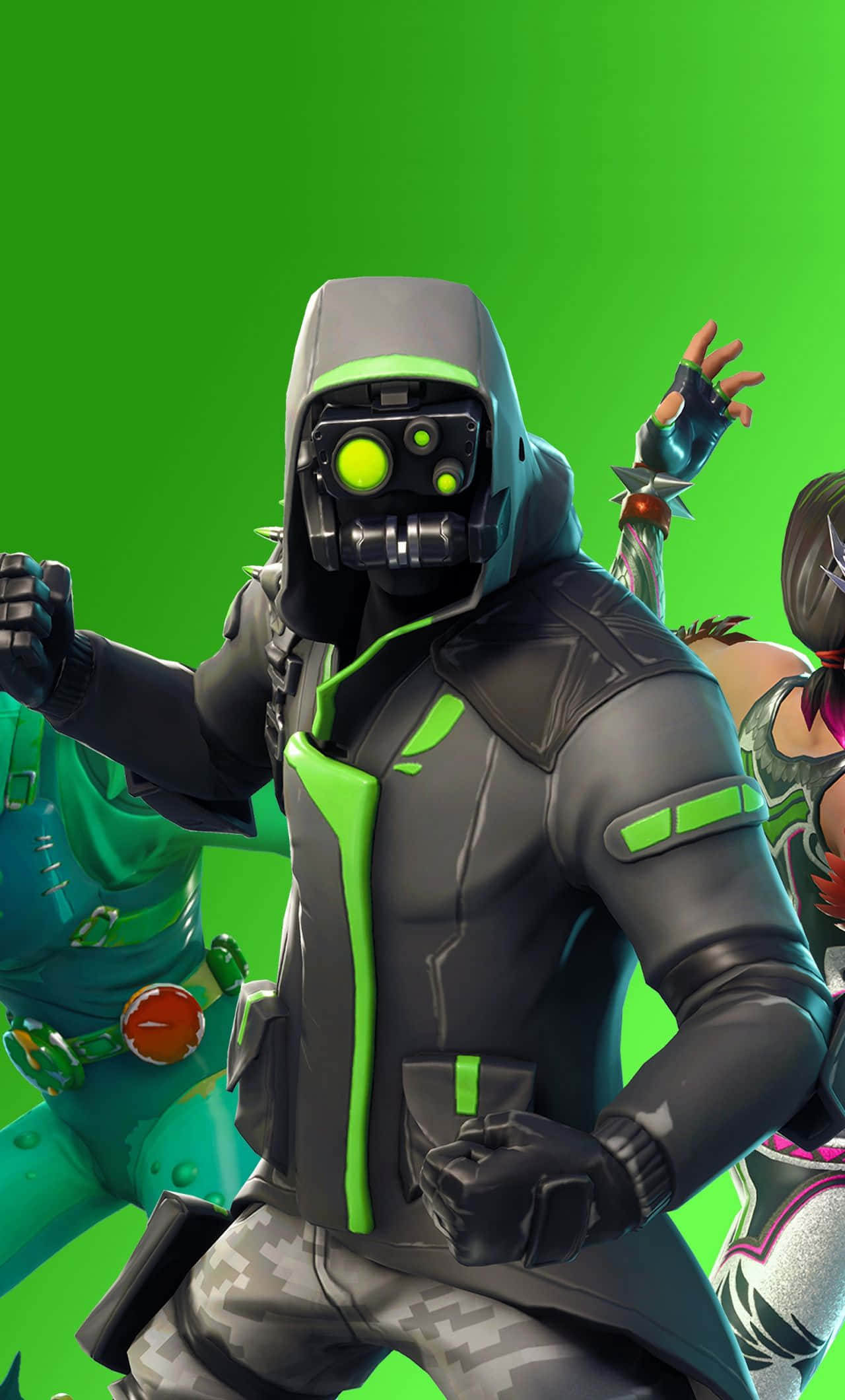 Fortnite 桌布 壁紙 — 一個穿著黑色和螢光綠色連帽服裝、眼睛發光的 Fortnite 角色，在純綠色背景前動態擺姿勢。