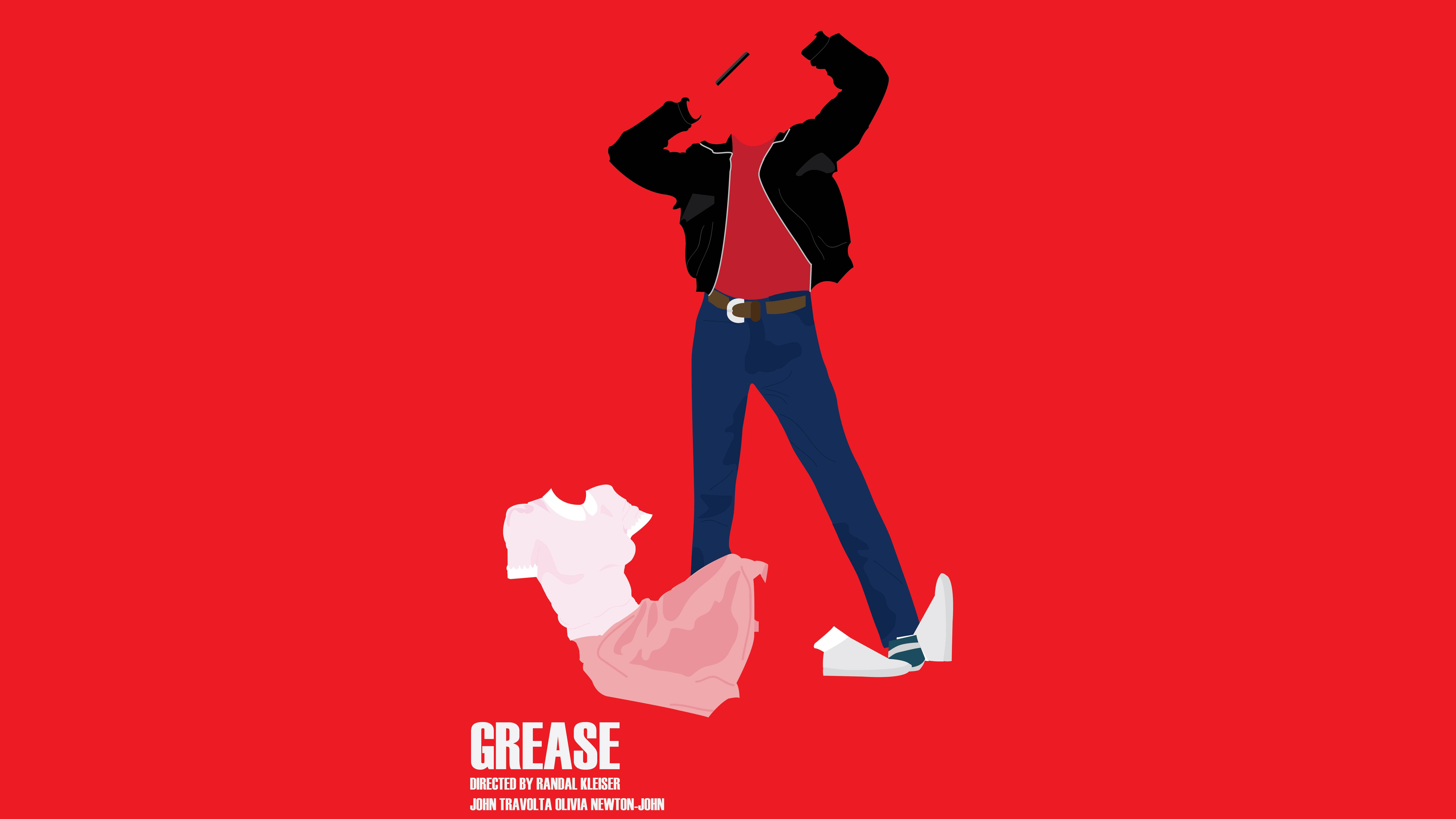 Grease 桌布 壁紙 — 一個穿著黑色外套、紅色襯衫和牛仔褲的人物風格化剪影，在鮮紅色背景前擺姿勢，周圍散落著衣服。