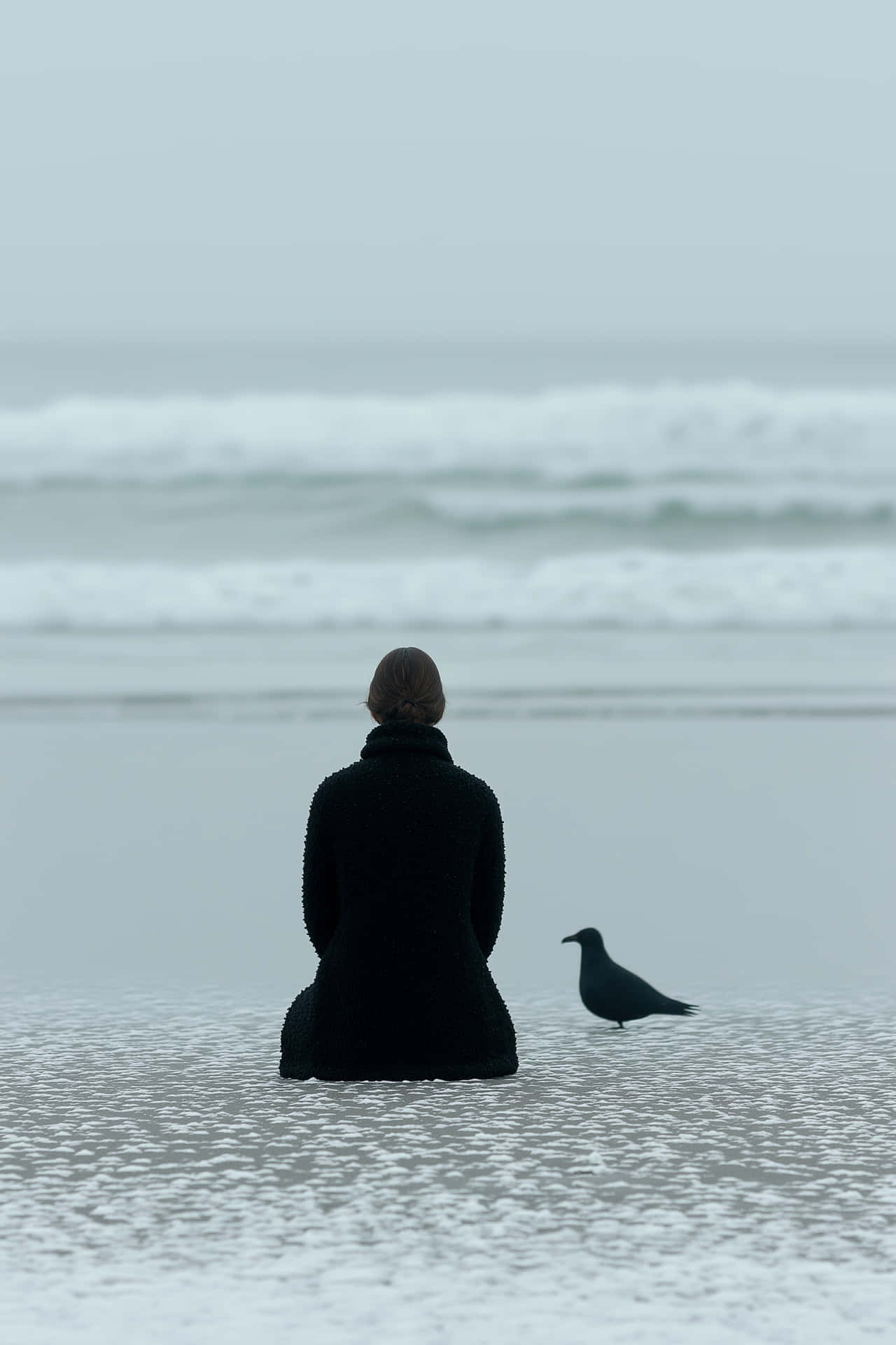 Solitary Figure and Bird on a Secluded Misty Ocean Shoreline 壁紙 — 一個穿著黑色外套的人坐在齊膝深的海水中，面向海浪，一隻深色的鳥站在附近。