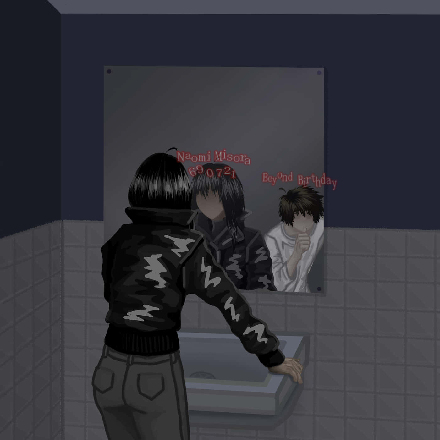 Naomi Misora 桌布 壁紙 — 一個穿著黑色外套的人站在磁磚浴室裡，凝視著一張帶有紅色文字的動漫角色海報。