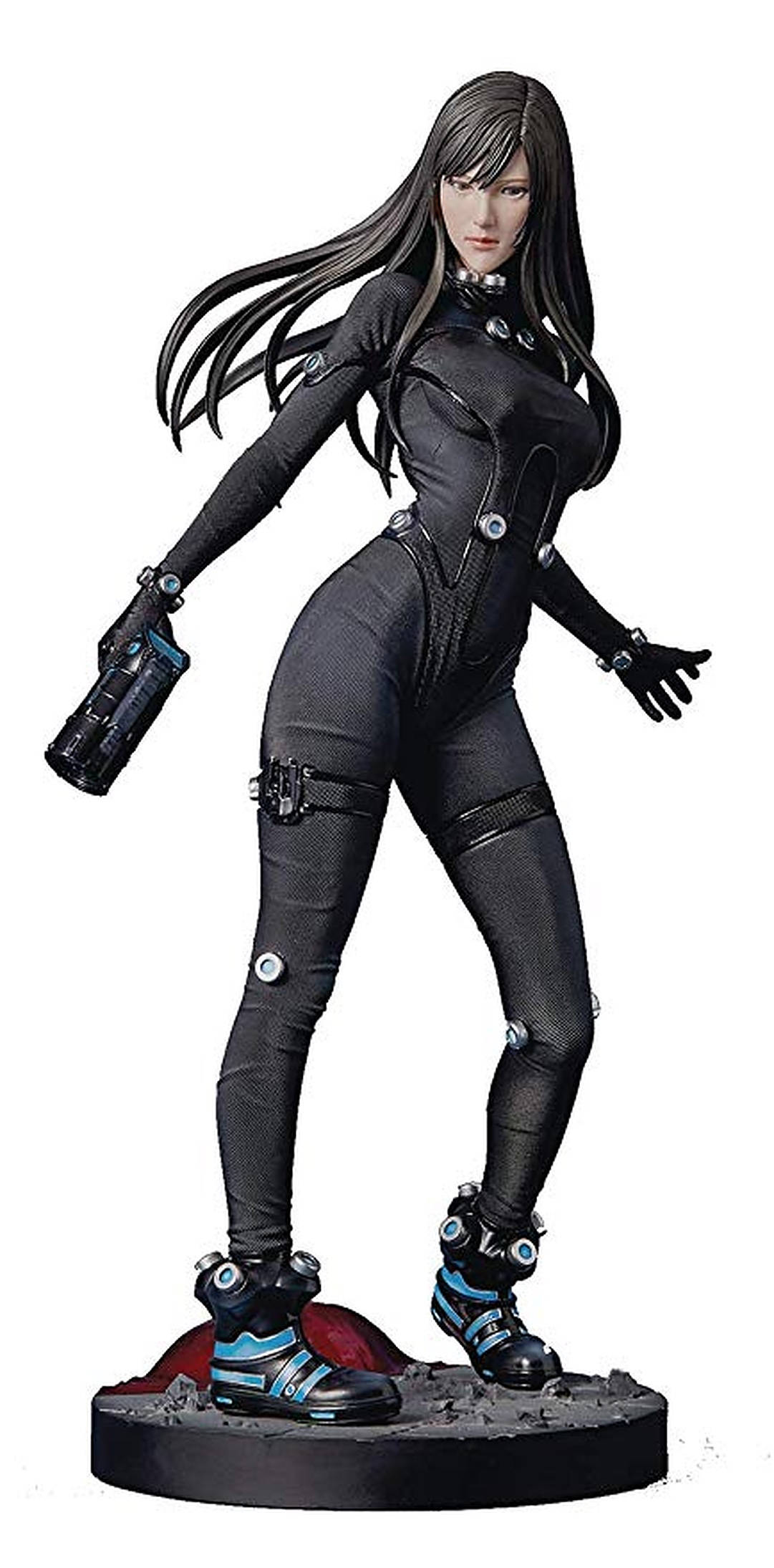 gantz 桌布 壁紙 — 一個穿著黑色戰術服、手持武器的女性動漫角色的詳細雕像。