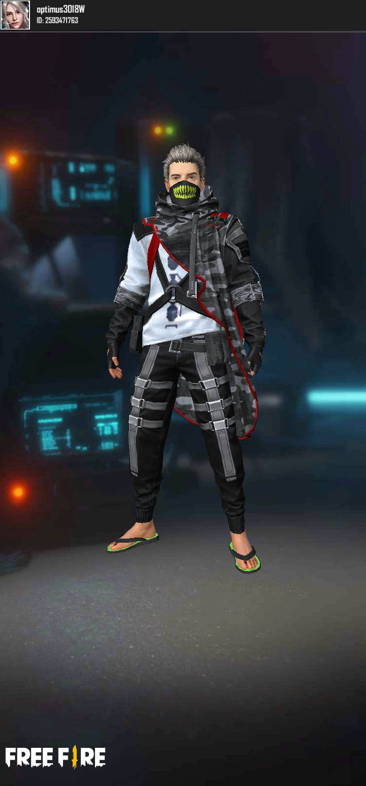 dj alok free fire 桌布 壁紙 — 一個穿著黑色戰術服裝、戴著發光綠色面具的賽博龐克角色，站在昏暗的未來場景中。