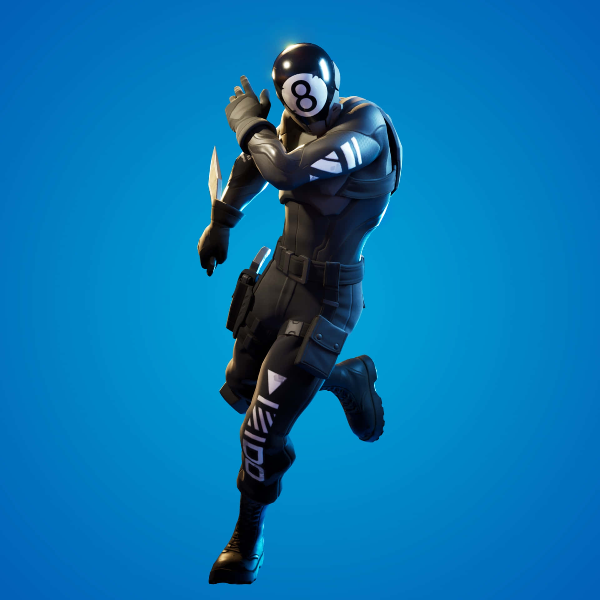  壁紙 — 一個穿著黑色戰術裝備、戴著八號球頭盔的 Fortnite 角色，在純藍色背景上動態跳躍。
