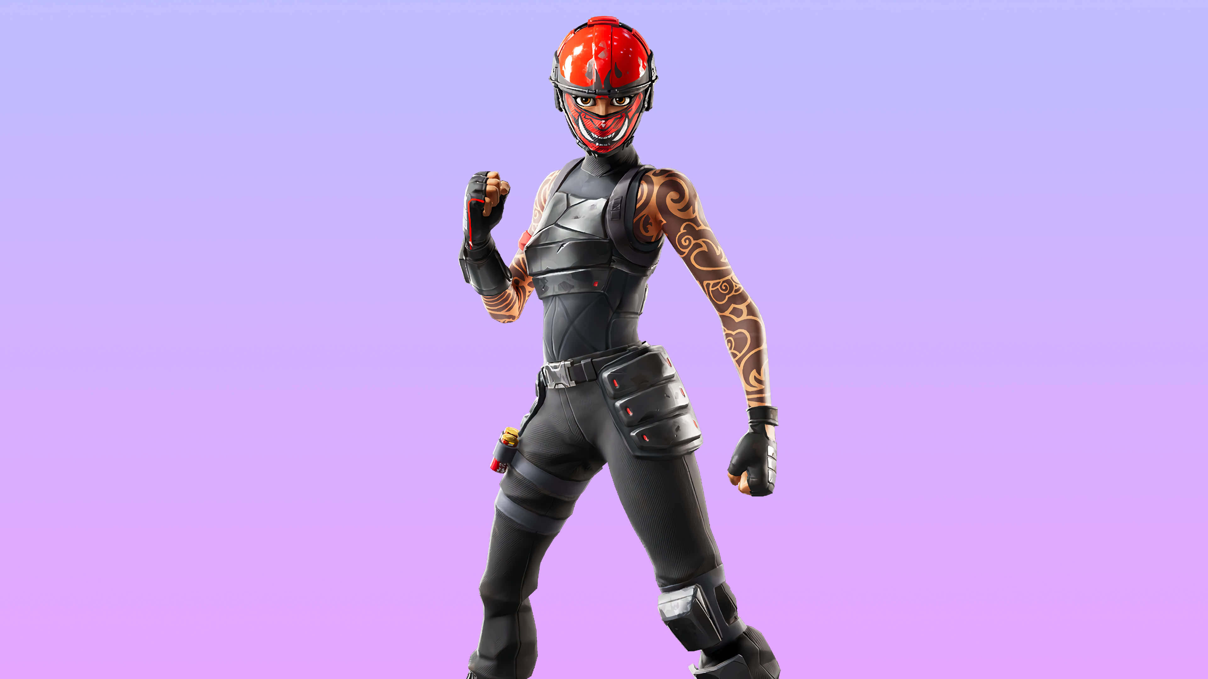 紫色美學 桌布 壁紙 — 一個穿著黑色戰術裝備和紅色頭盔的 Fortnite 角色在紫色漸變背景前自信地擺姿勢。