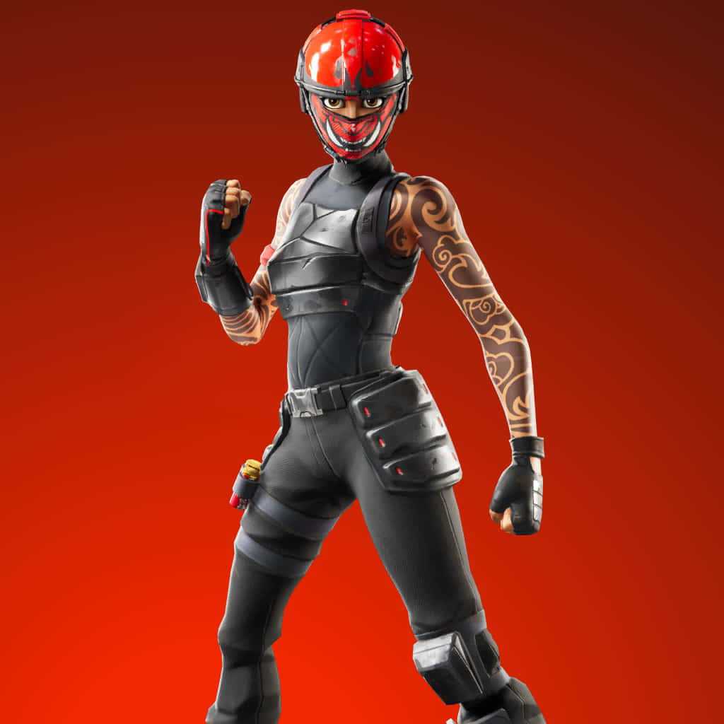 Fortnite Manic Skin 桌布 壁紙 — 一個穿著黑色戰術裝備和紅色頭盔的Fortnite角色在純紅色背景前自信地擺姿勢。