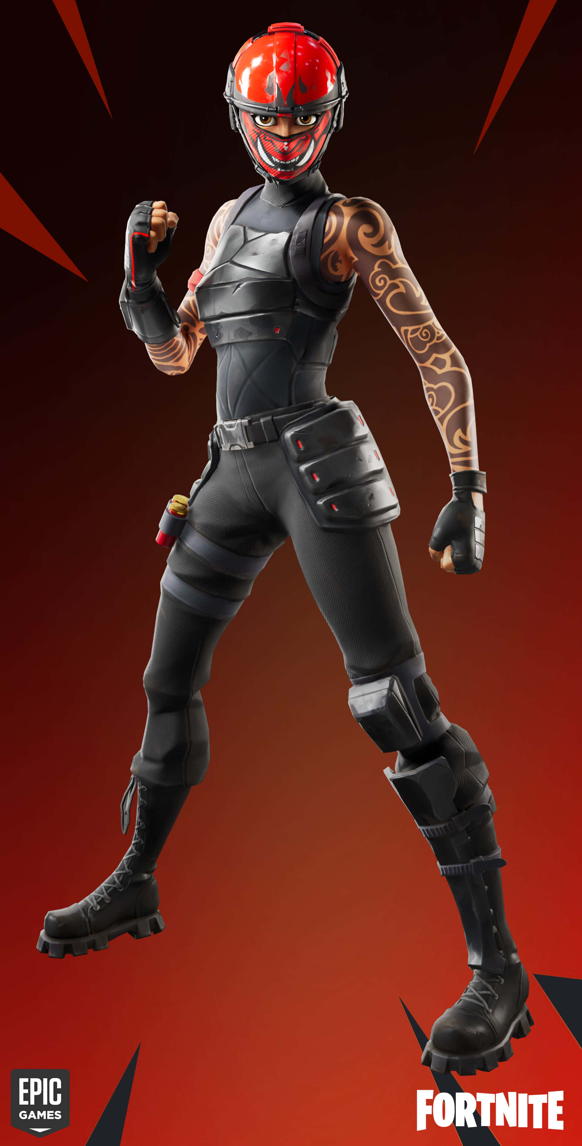 iPhone 桌布 壁紙 — 一個穿著黑色戰術裝備和紅色頭盔的Fortnite角色，在火紅的背景前動態地站立。