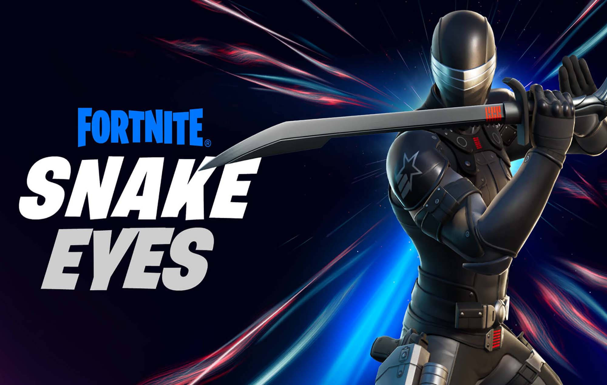 Eyes 桌布 壁紙 — 一個穿著黑色戰術裝備的 Fortnite Snake Eyes 角色，在宇宙藍紅條紋背景下揮舞著武士刀。
