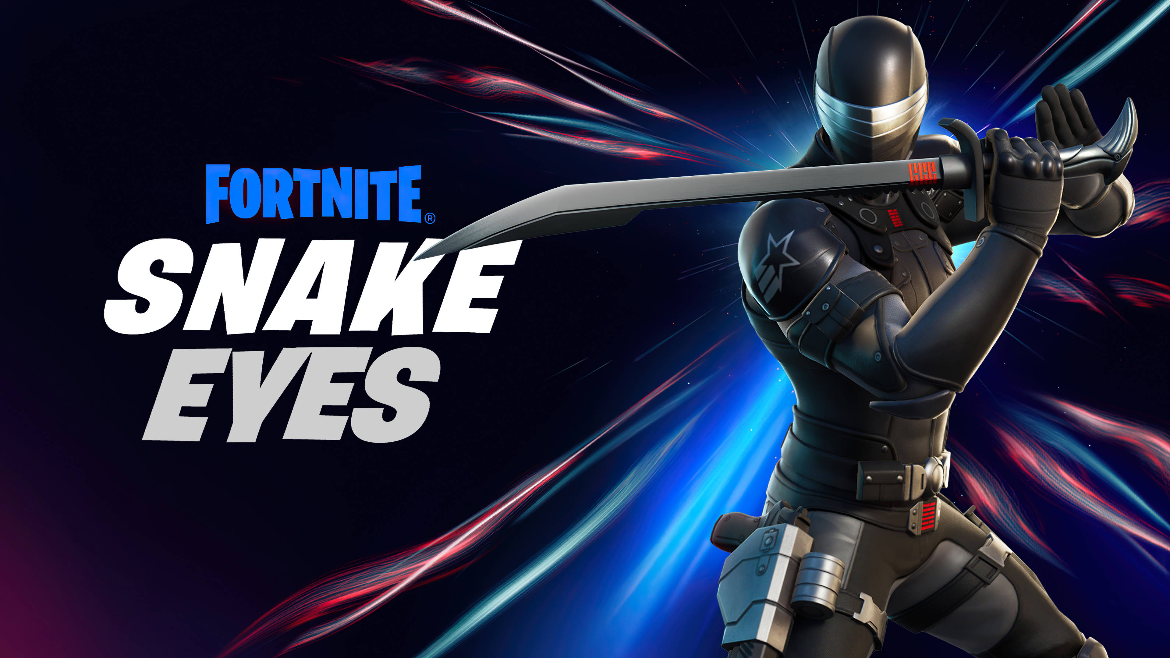 Fortnite iPad 桌布 壁紙 — 一個穿著黑色戰術裝備的Fortnite Snake Eyes角色，在帶有藍色和紅色光條的宇宙背景前揮舞著武士刀。