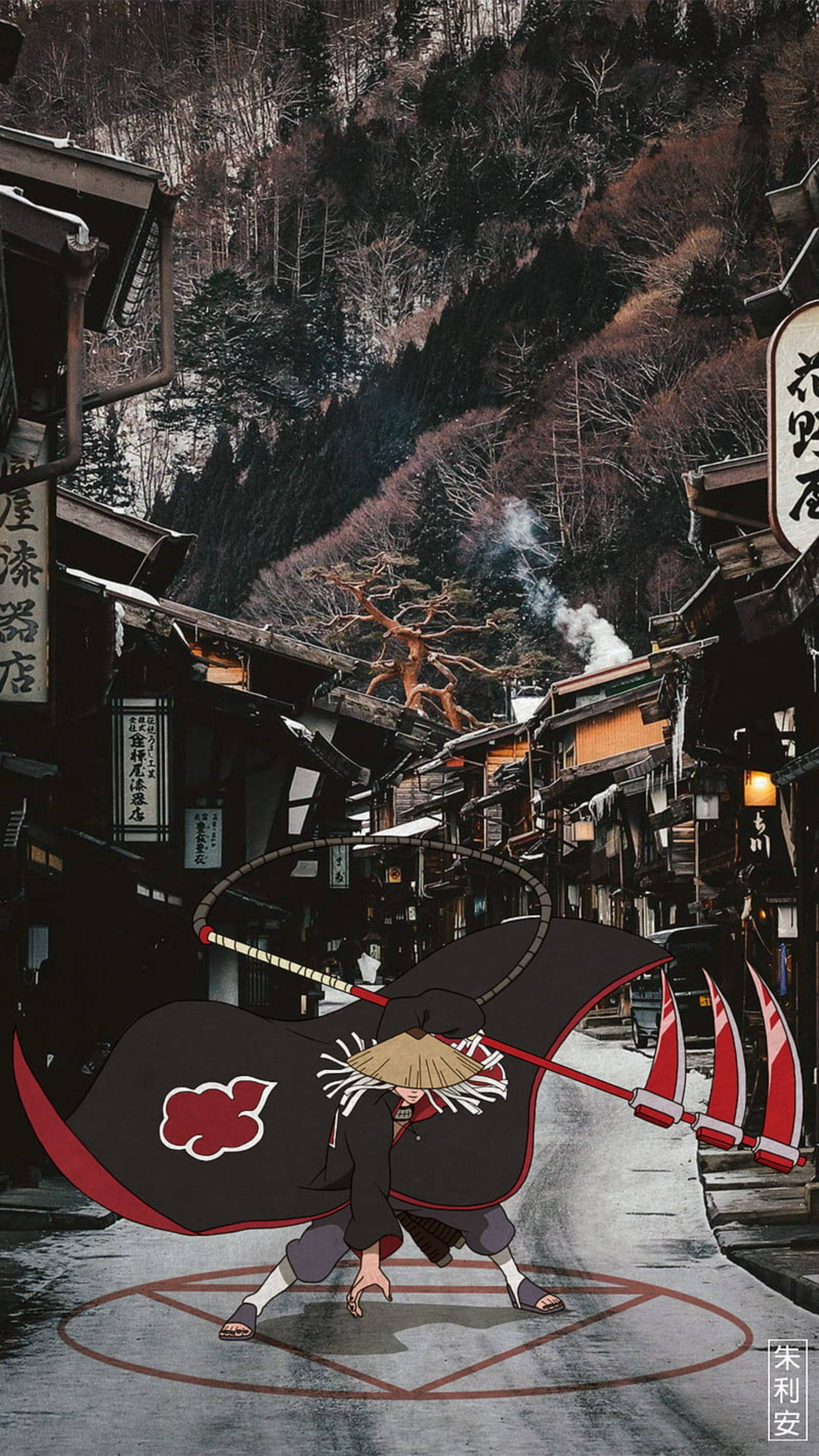 hidan akatsuki 桌布 壁紙 — 一個穿著黑色斗篷、上面有紅色雲的動畫角色在一條雪地山村的街道上奔跑，街道兩旁有傳統木製建築。