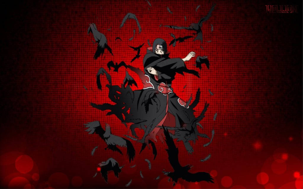 akatsuki itachi 桌布 壁紙 — 一個穿著黑色斗篷的動漫角色，在帶有紋理的紅色背景上被飛翔的烏鴉包圍，並伴有發光球體。