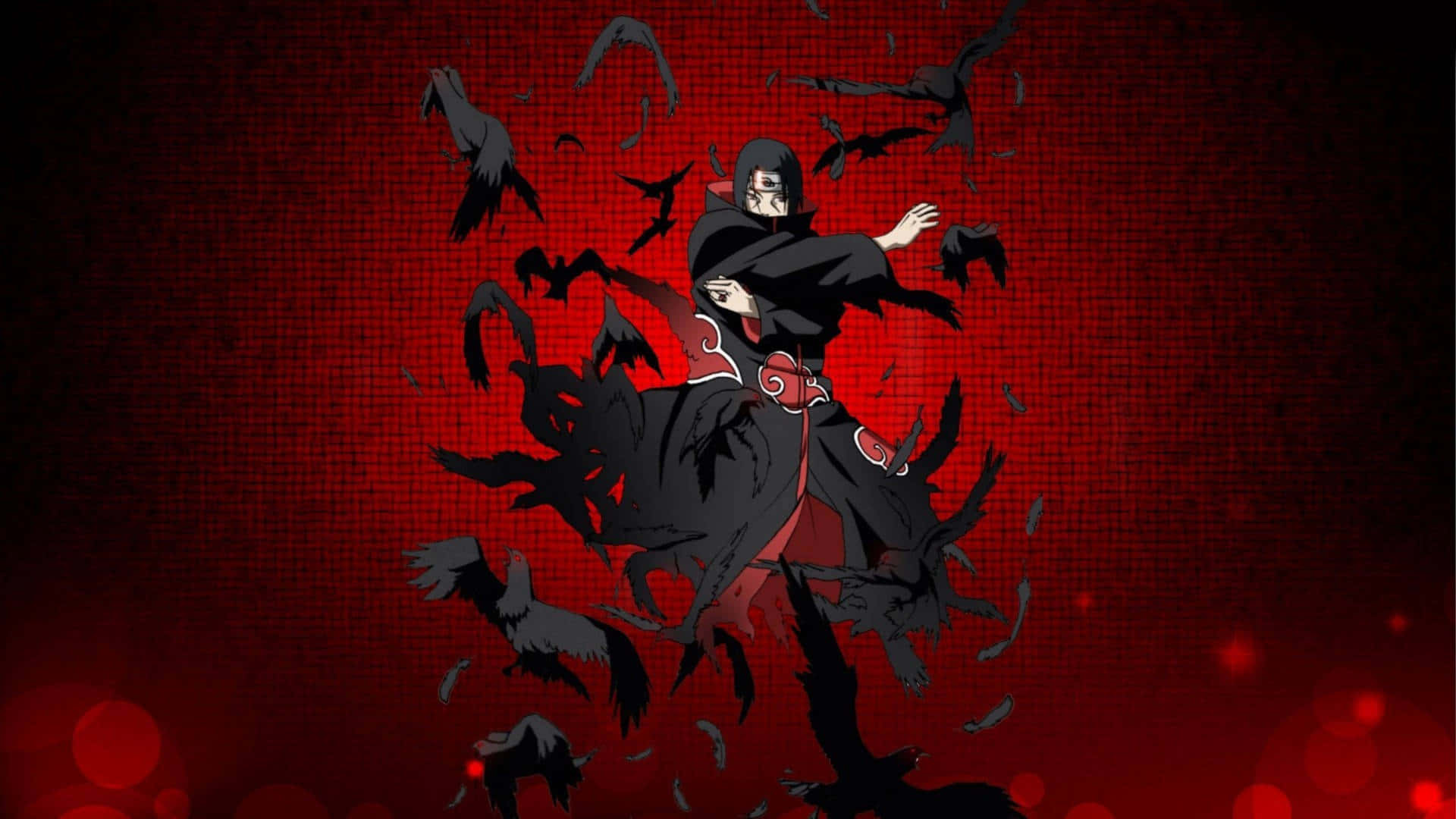 Uchiha Clan 桌布 壁紙 — 一個穿著黑色斗篷的動漫角色，在紋理紅色背景上被飛翔的烏鴉包圍。