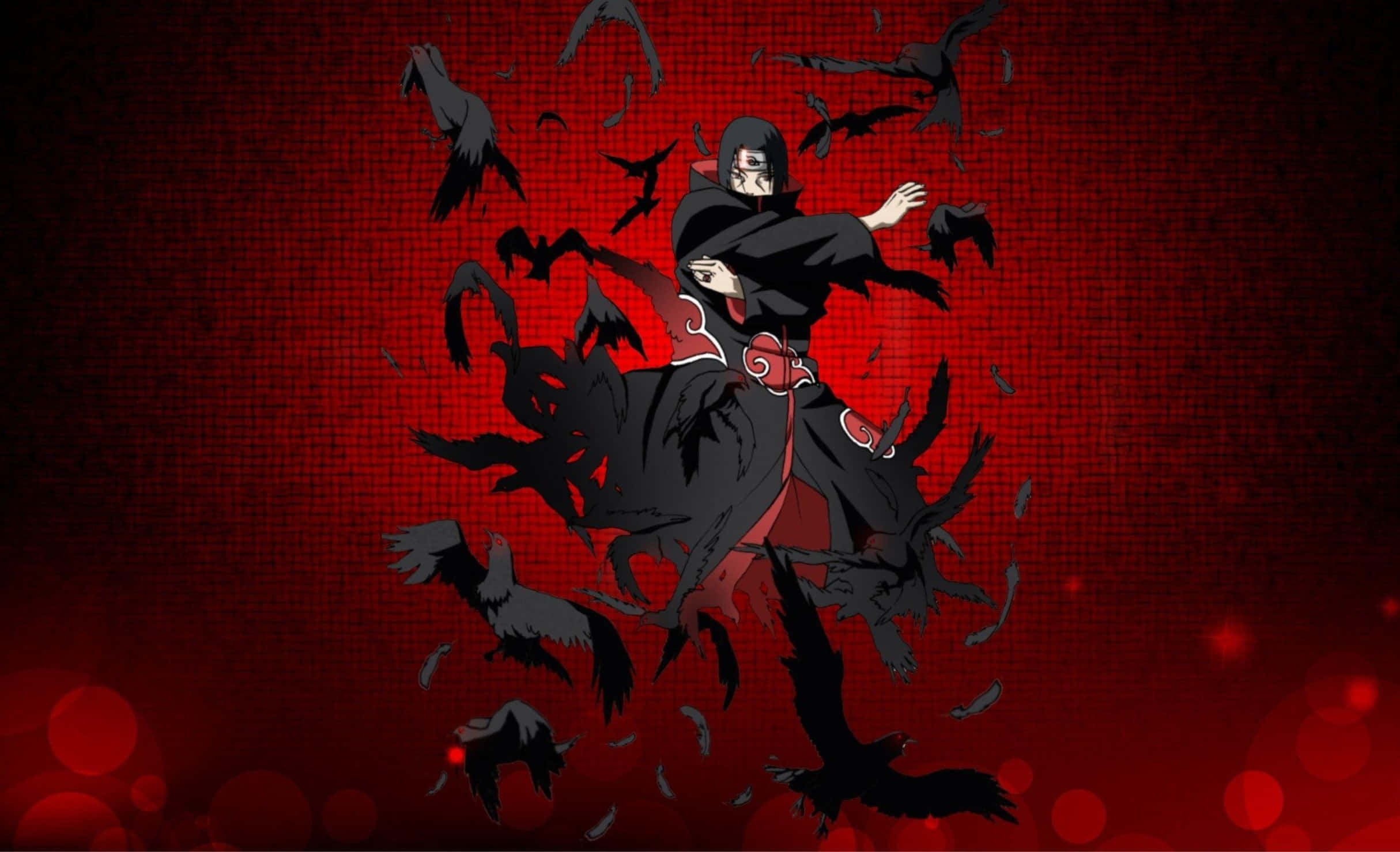 Akatsuki Naruto Shippuden 桌布 壁紙 — 一個穿著黑色斗篷的動漫角色，被飛翔的烏鴉包圍，背景是帶有紋理的紅色背景和散景燈光。