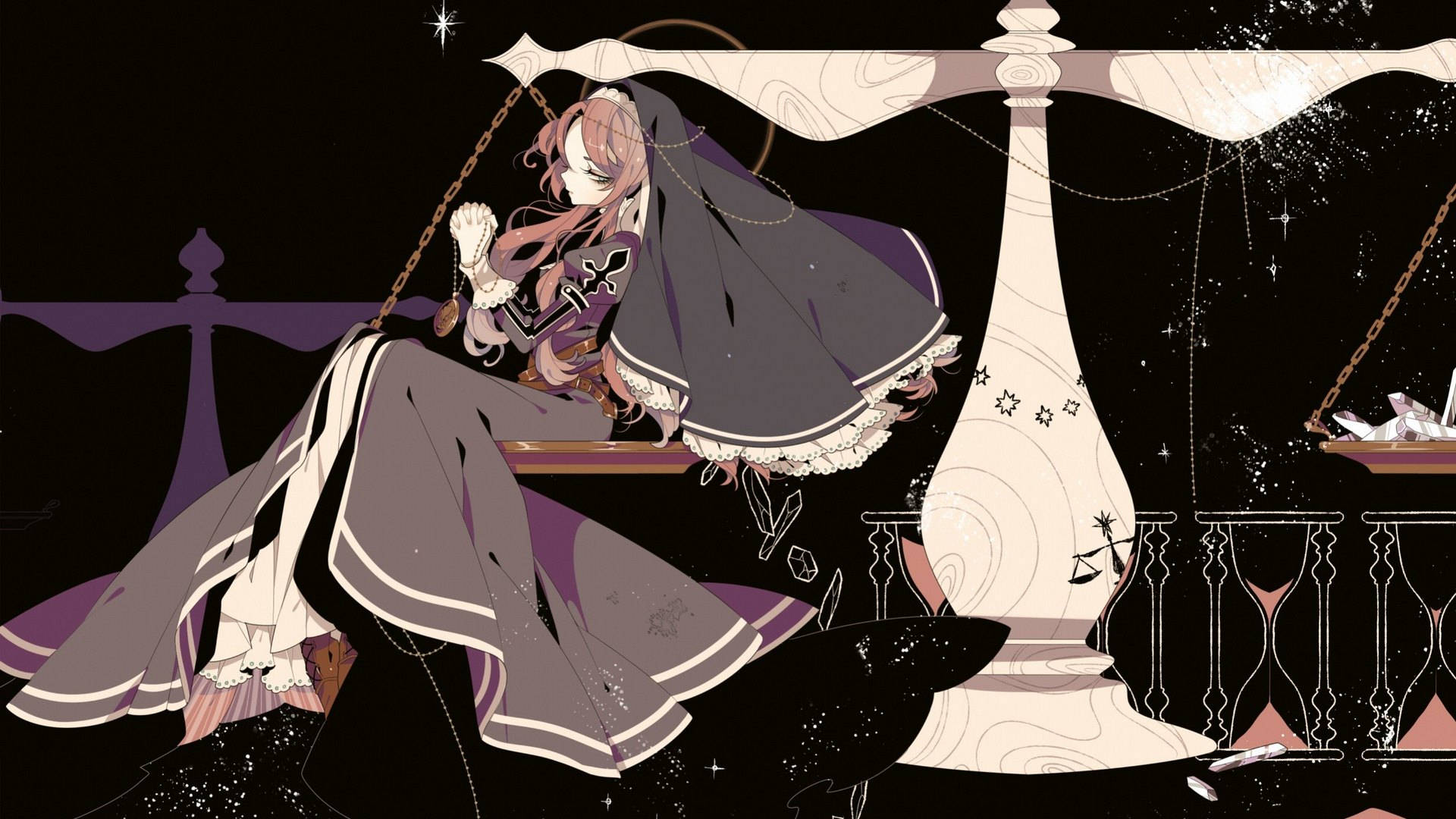 動漫女孩 桌布 壁紙 — 一個穿著黑色斗篷的女孩坐在天秤上，背景是繁星點點的夜空，有沙漏和漂浮的水晶。