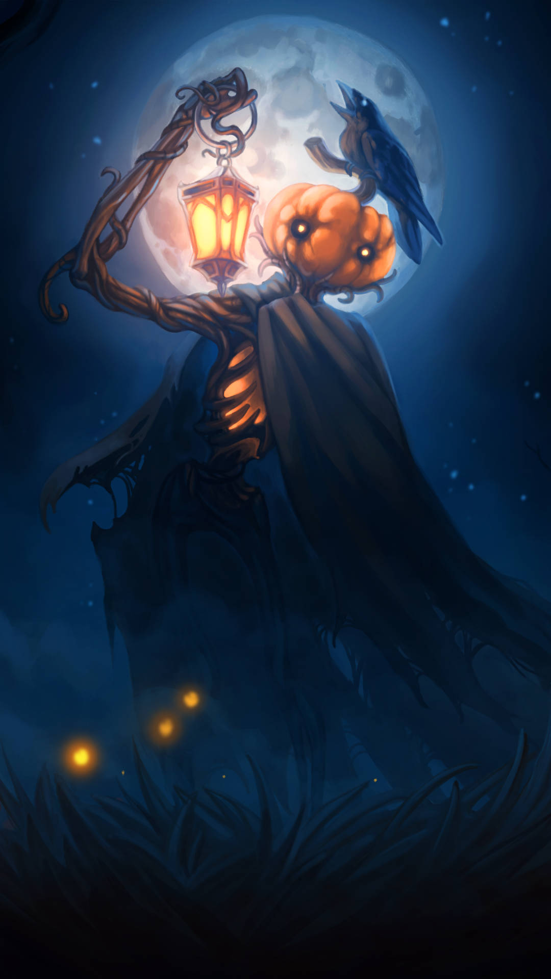 Halloween Phone 桌布 壁紙 — 一個穿著黑色斗篷的骷髏人物，手持發光的燈籠和一個南瓜頭的同伴，在滿月下，附近有一隻烏鴉棲息。