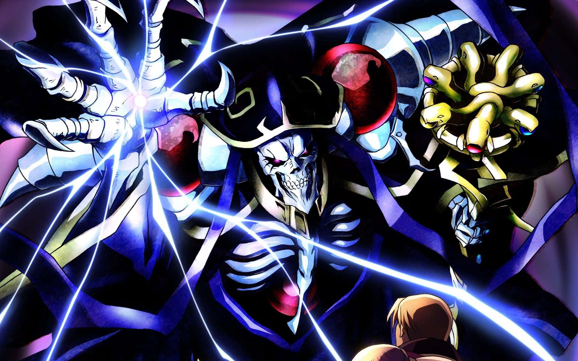 Overlord 桌布 壁紙 — 一個穿著黑色斗篷的骷髏動畫反派，散發著發光的藍色能量，擁有發光的紅色眼睛和金色觸手。