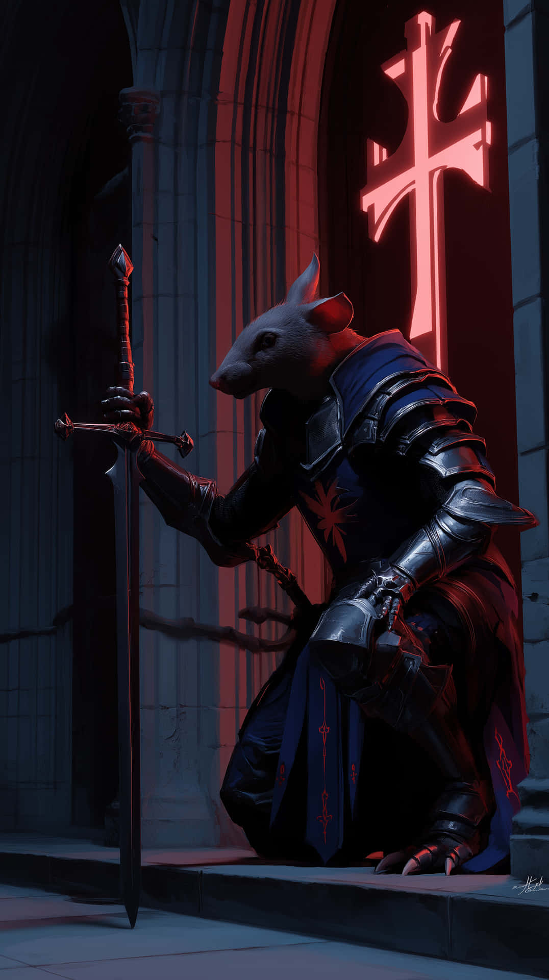 Rat Knight's Vow 壁紙 — 一個穿著黑色盔甲、老鼠頭的騎士跪在哥德式大教堂門口一個發光的紅色十字架前。