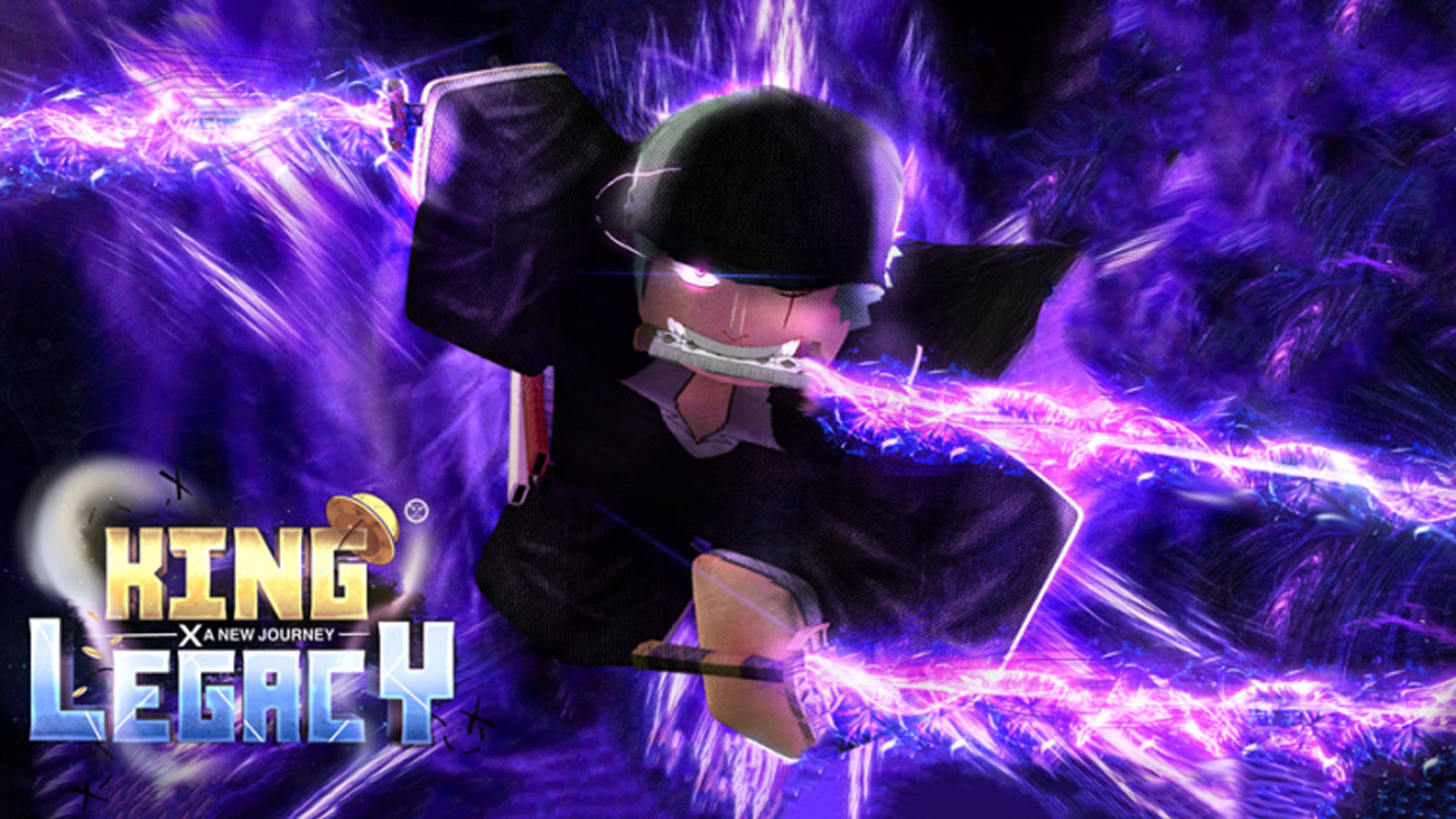 Roblox 桌布 壁紙 — 一個穿著黑色盔甲的Roblox角色，在旋轉的宇宙背景下揮舞著發光的紫色能量劍。