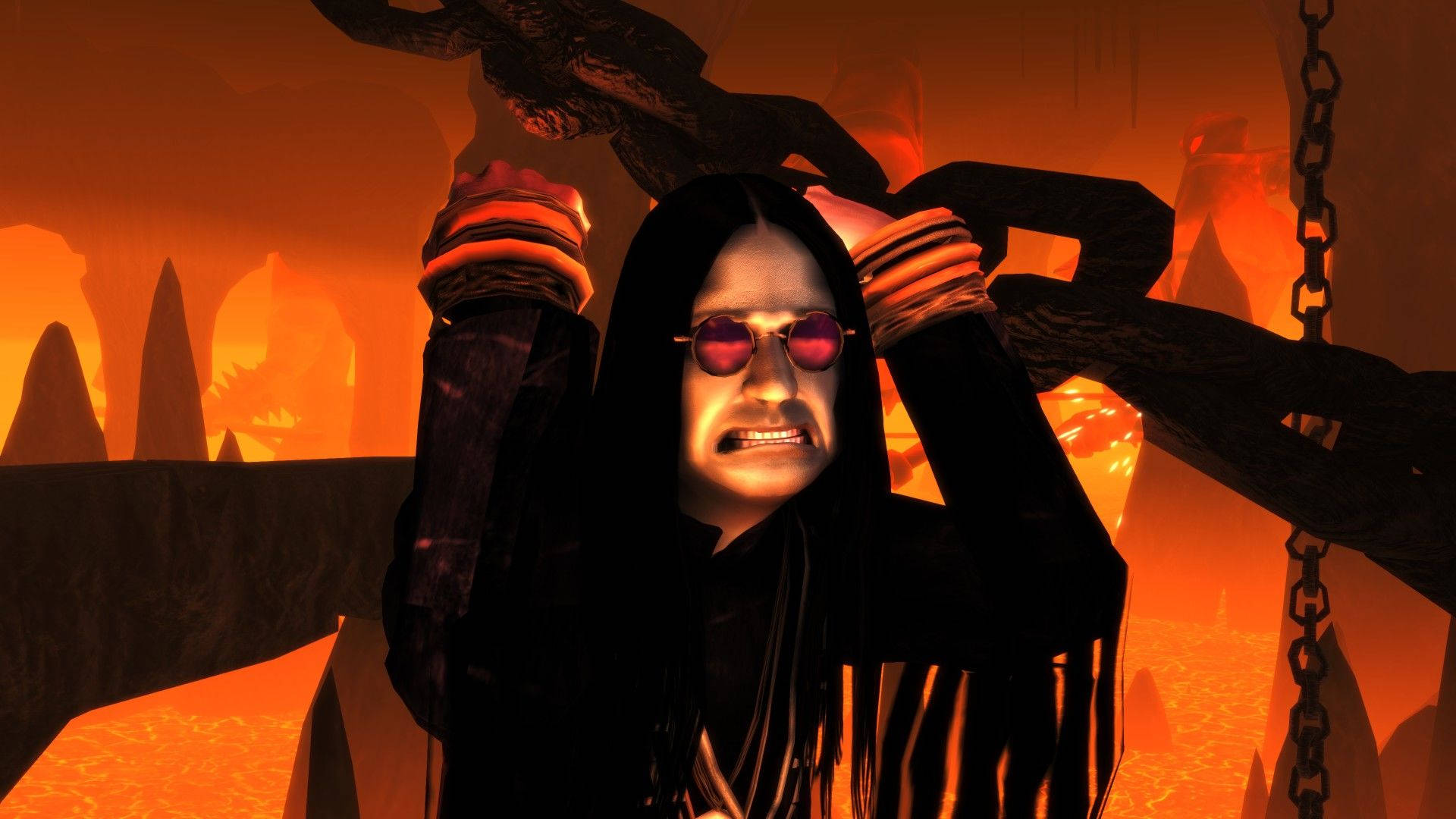 Brutal 桌布 壁紙 — 一個穿著黑色衣服、戴著紅色太陽眼鏡的威脅性人物，在熾熱的橙色地獄景觀中與黑暗鎖鏈搏鬥。