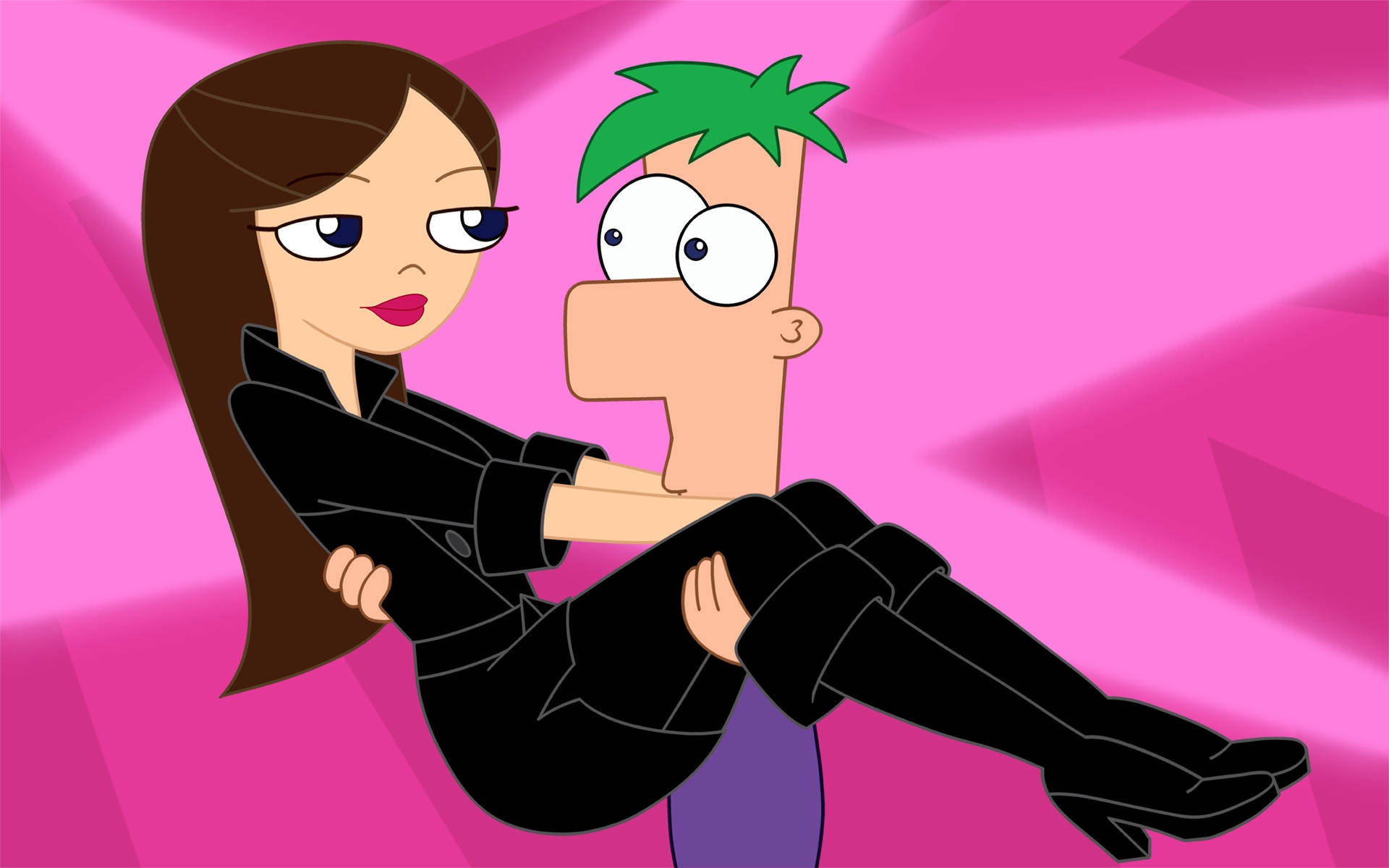 Ferb 桌布 壁紙 — 一個穿著黑色衣服的卡通女人，在充滿活力的粉紅色幾何背景前，抱著一個驚訝的綠髮男人。