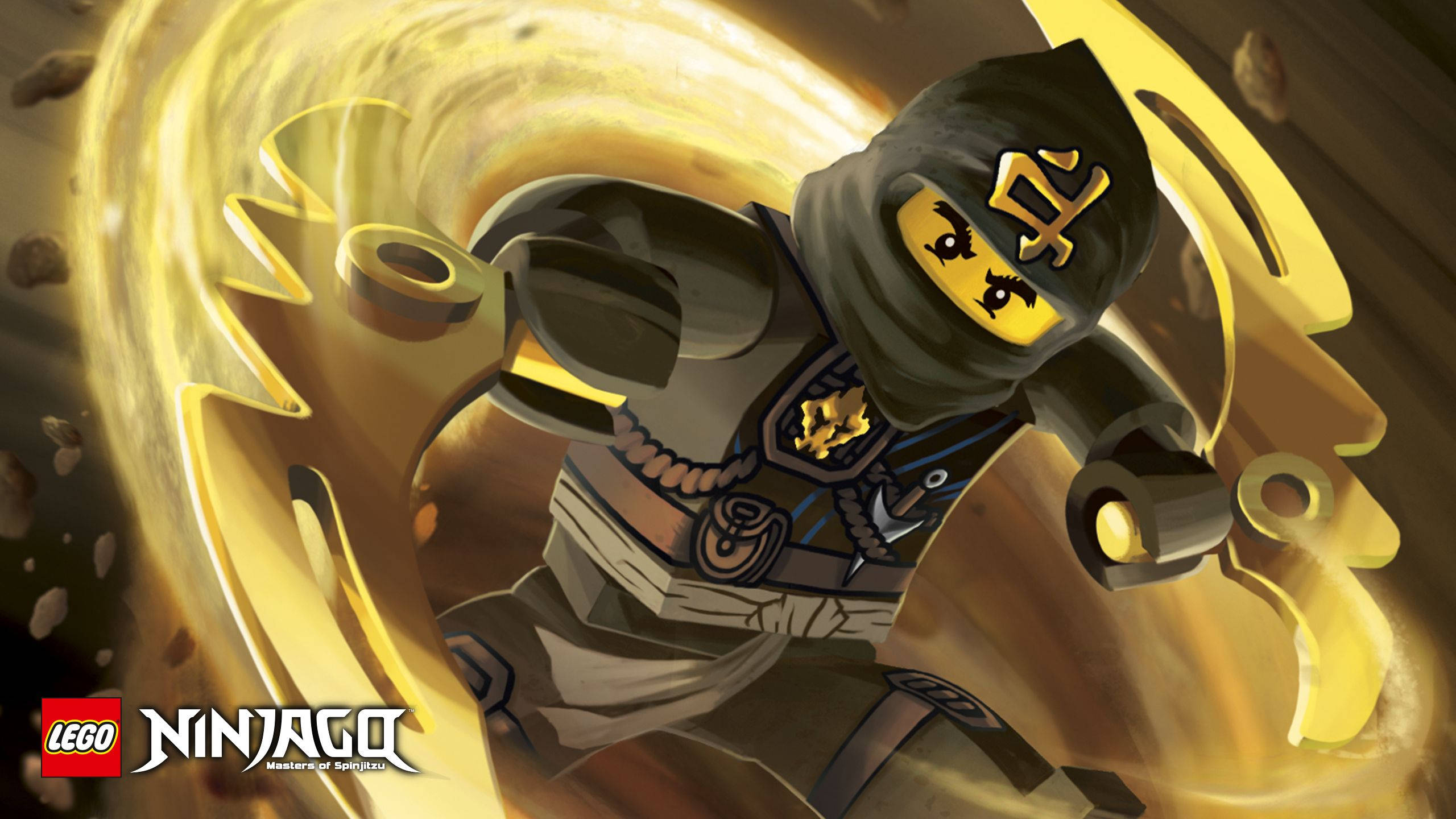 Ninjago 桌布 壁紙 — 一個穿著黑色裝備的LEGO Ninjago忍者，在旋轉的能量和飛揚的碎片中揮舞著金色武器。