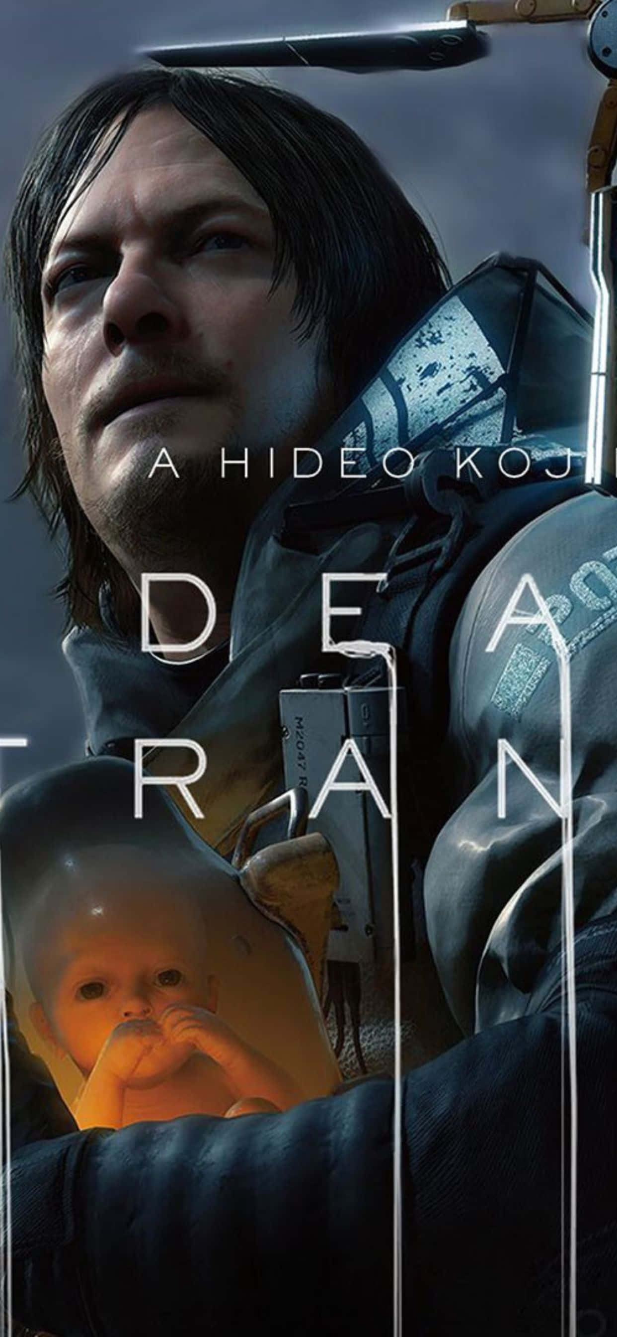 iPhone Xs Max Death Stranding 桌布 壁紙 — 一個穿著黑色裝備的男人在未來場景中，在戲劇性燈光下抱著一個發光的嬰兒。